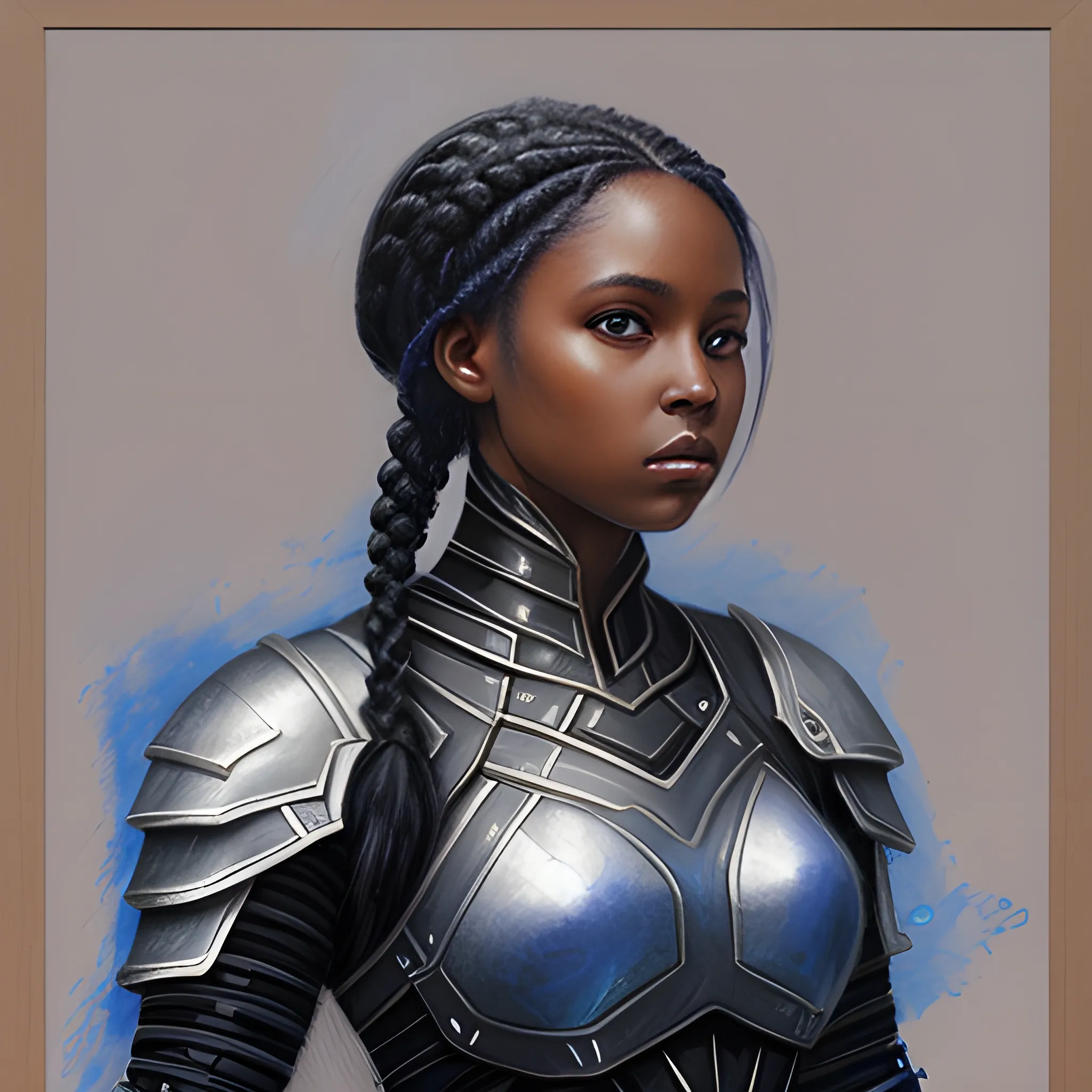 ethereal black female 
 with long dark blue braided hair in light armor, Pencil Sketch,  , Oil Painting