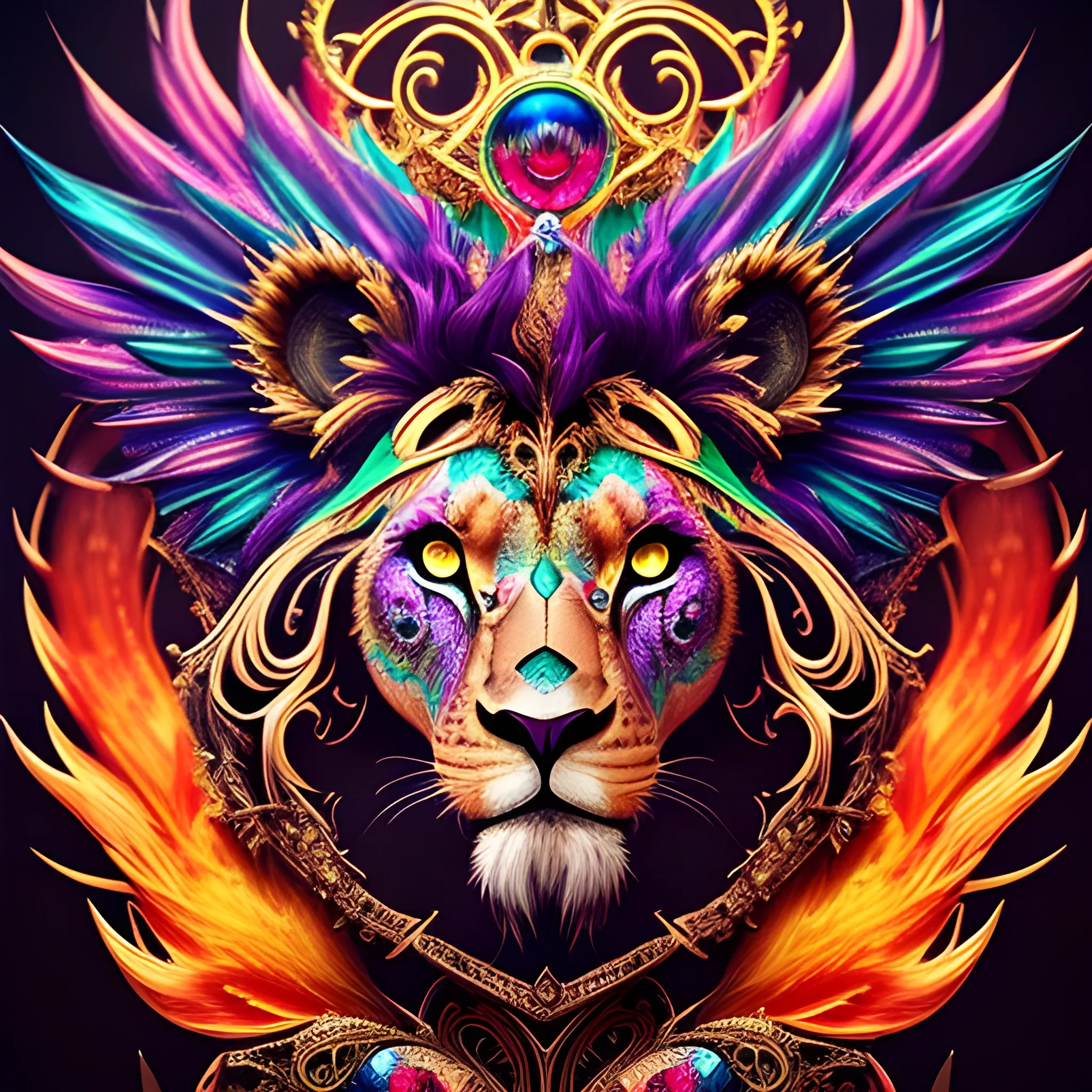 designer, the colorful  Lion head is on a black background, in the style of 8k resolution, colorful gradients, tim shumate, cute and colorful, massurrealism, magipunk,
charming characters, black background, fire psychedelic, cute eyes, dragon wings, bear claws, peacock feathers, filigree laser fractal details, glistening shiny scales, intricate ornate hypermaximalist sharp focus, dramatic lighting, highly detailed and intricate, hyper maximalist, ornate, photographic style, luxury, elite, haunting matte painting, cinematic, Trippy, 3D, 3D