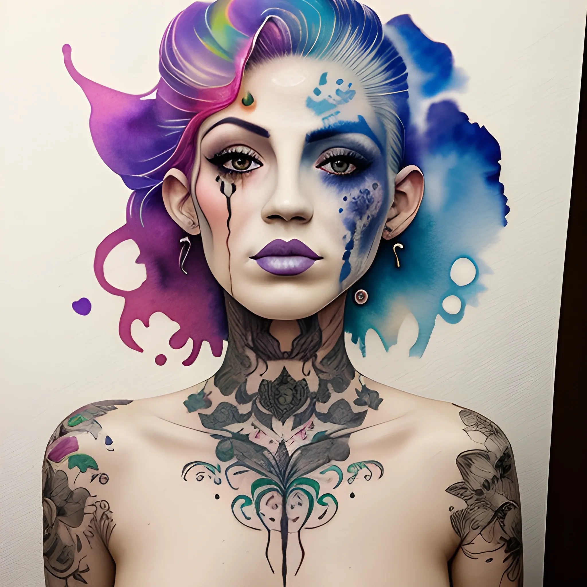 Mujer de pelo rubio rizado corto con tatuajes en el pecho choisen, Trippy, Water Color