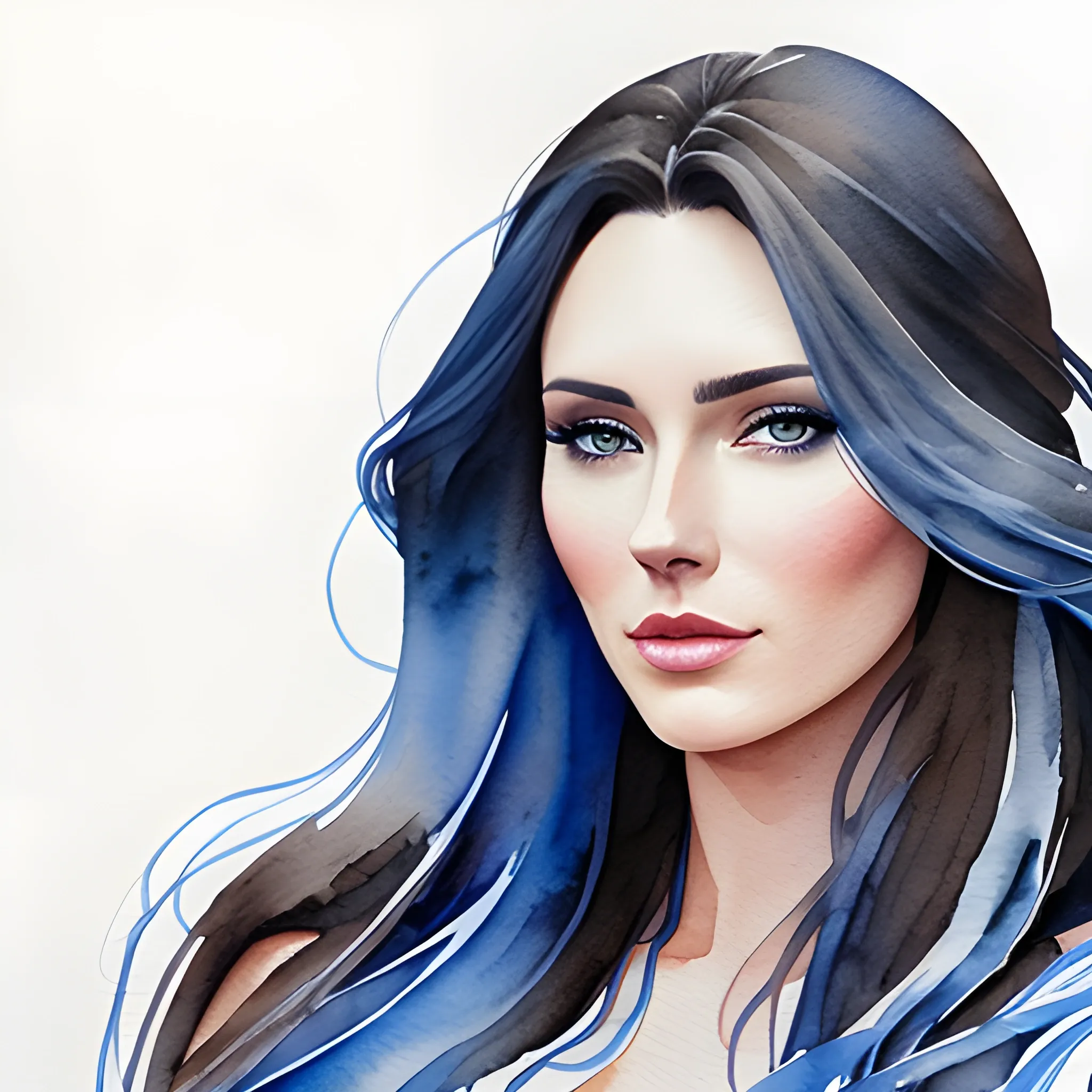Beautiful modern girl, blue and white, brown long hair, portrait, hyper realistic watercolor painting, high definition