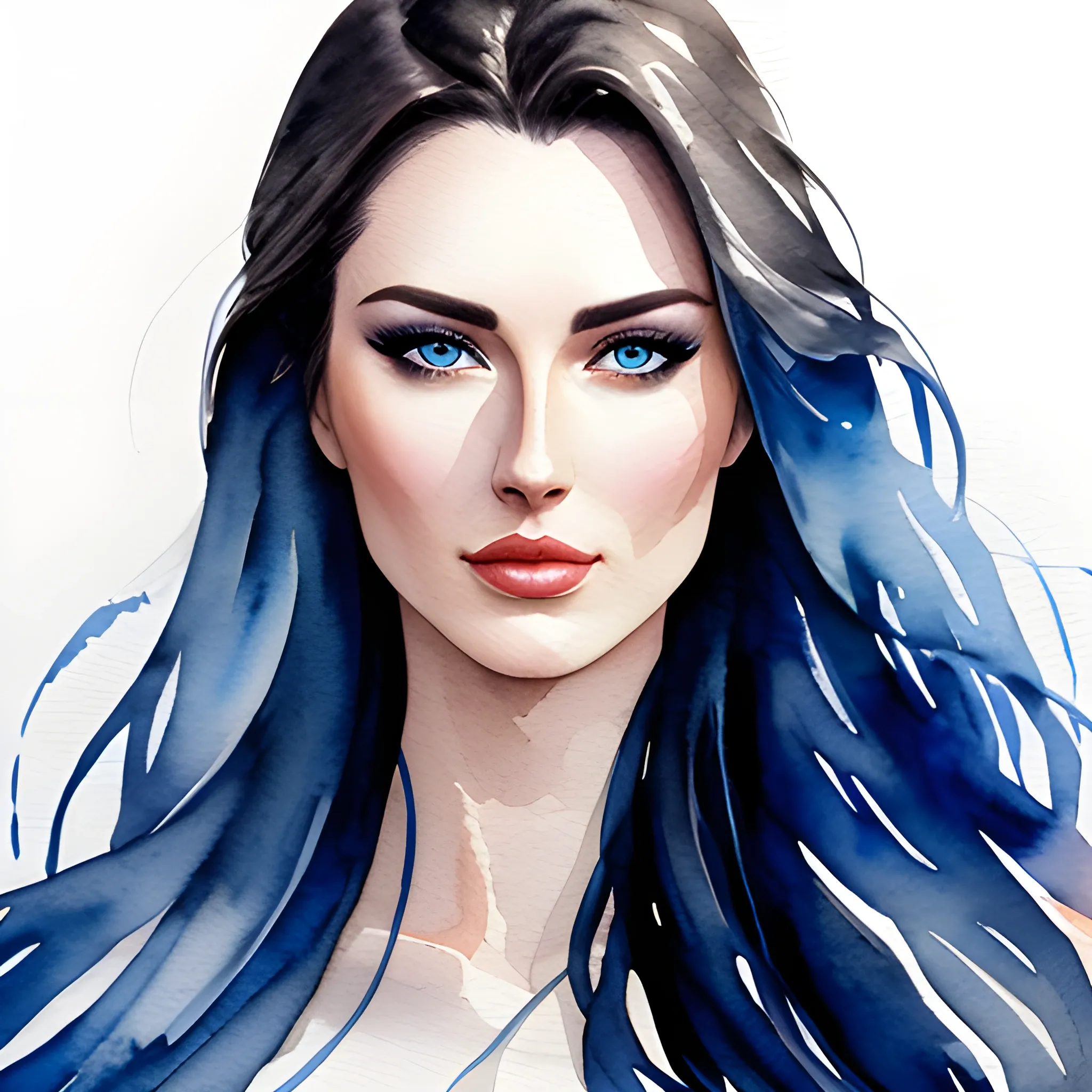 Beautiful modern girl, blue and white background, brown long hair, portrait, hyper realistic watercolor painting, high definition