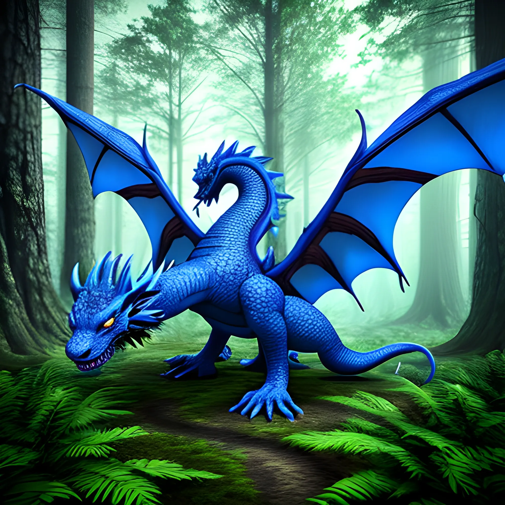 A BLUE DRAGON IN A FOREST, 3D, Trippy