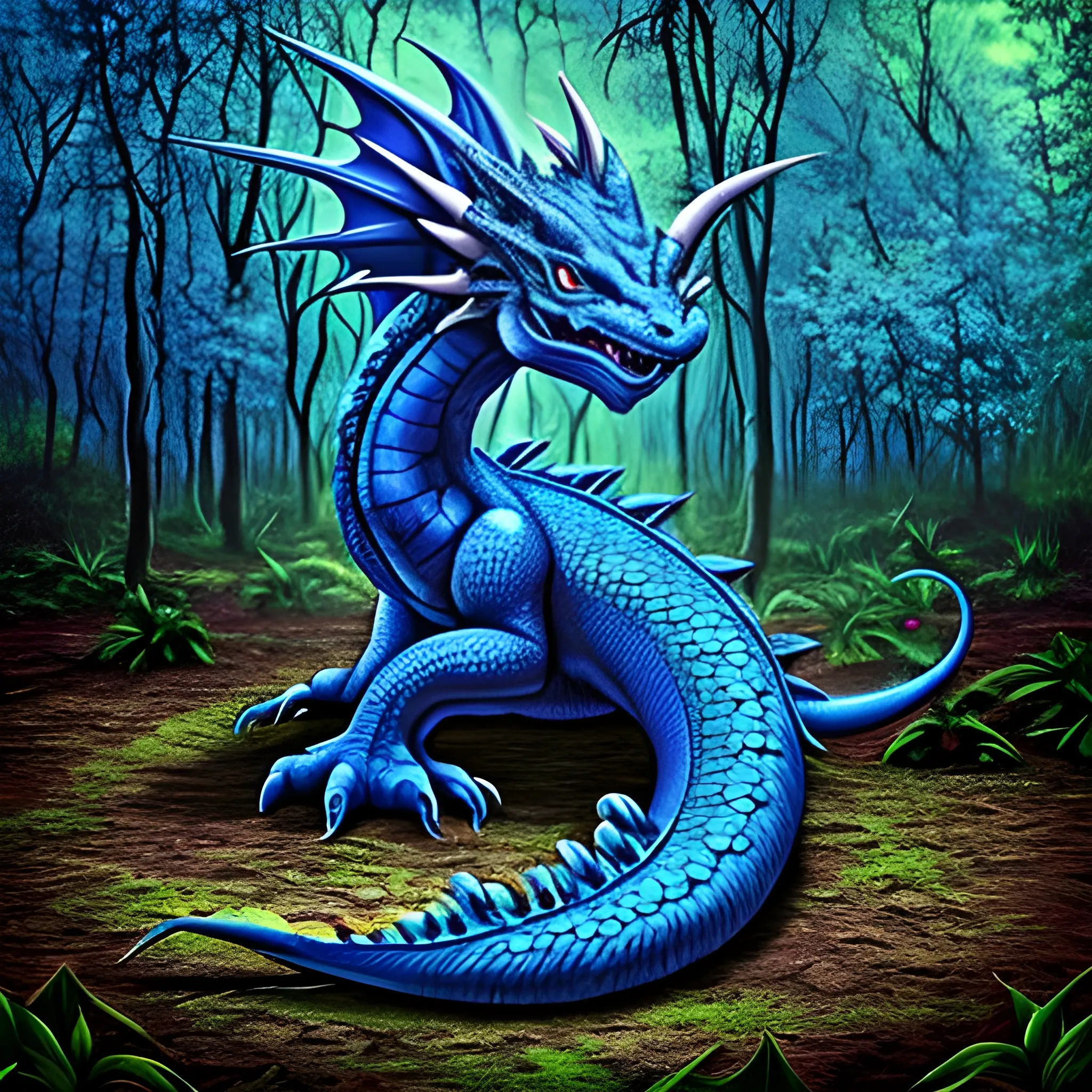 A BLUE DRAGON IN A FOREST, Trippy