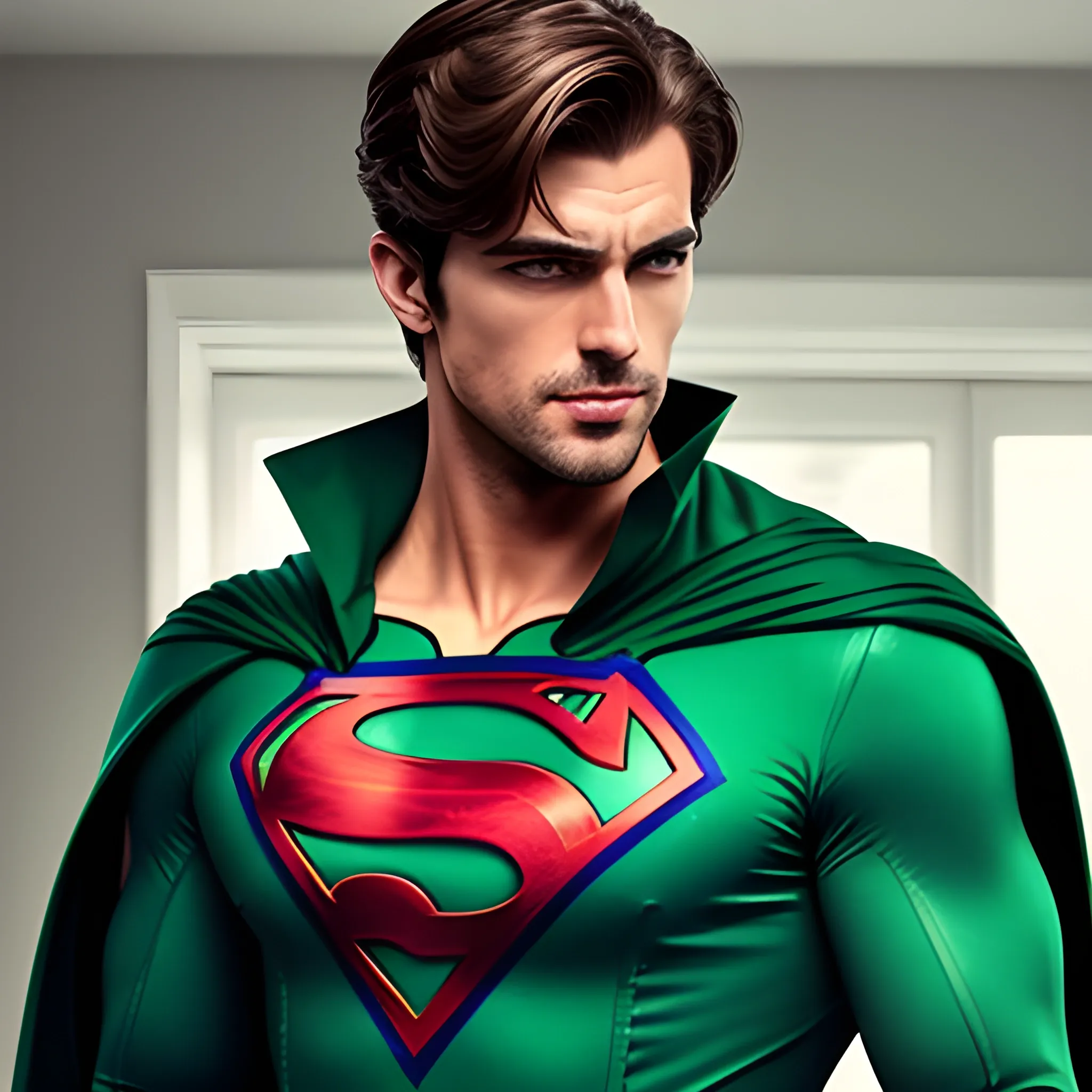 A male handsome superhero and green suit with blue cape
