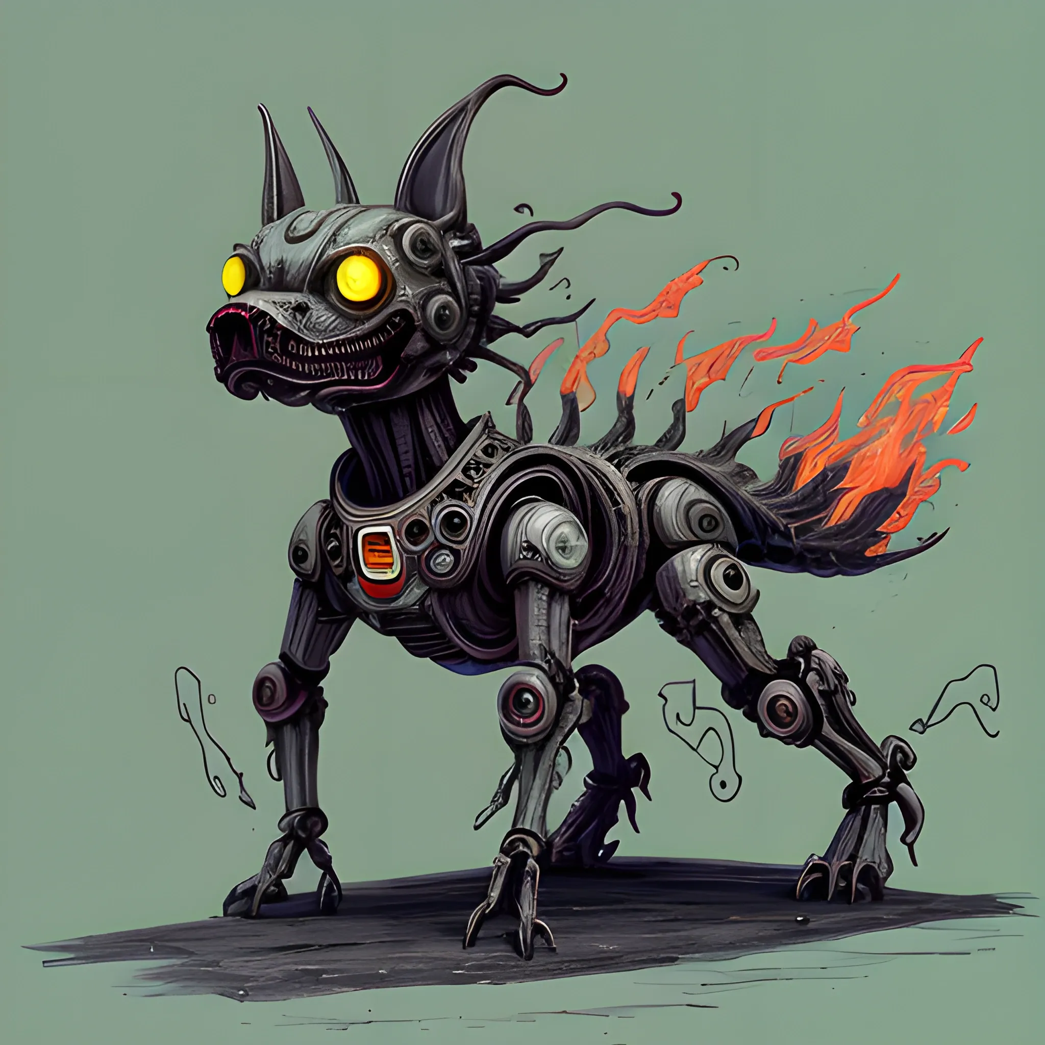 ((masterpiece)), best quality, super high detail, hell hound, mad dog, skinny body, tail of fire, no humans, overload, outdoor, mountain, concept art, fire, lightning, dark, glowing eyes, heinous, armor, metal skin, wear chain, collar with barbs, two arms, two legs, one head, one tail, dynamic pose, <lora:flat1:-0.3>  <lora:AstralMecha:0.2>
Negative prompt: EasyNegative, low quality, human, text, logo, watermark, standing, 
Steps: 20, Sampler: Heun, CFG scale: 7, Seed: 2873057779, Size: 768x512, Model hash: 463d6a9fe8, Model: absolutereality_v181, Lora hashes: "flat1: 498c925eaf0c, AstralMecha: 9b9ef9913373", TI hashes: "EasyNegative: c74b4e810b03", Version: v1.5.1, Trippy, Cartoon, 3D, Pencil Sketch, Oil Painting, Water Color