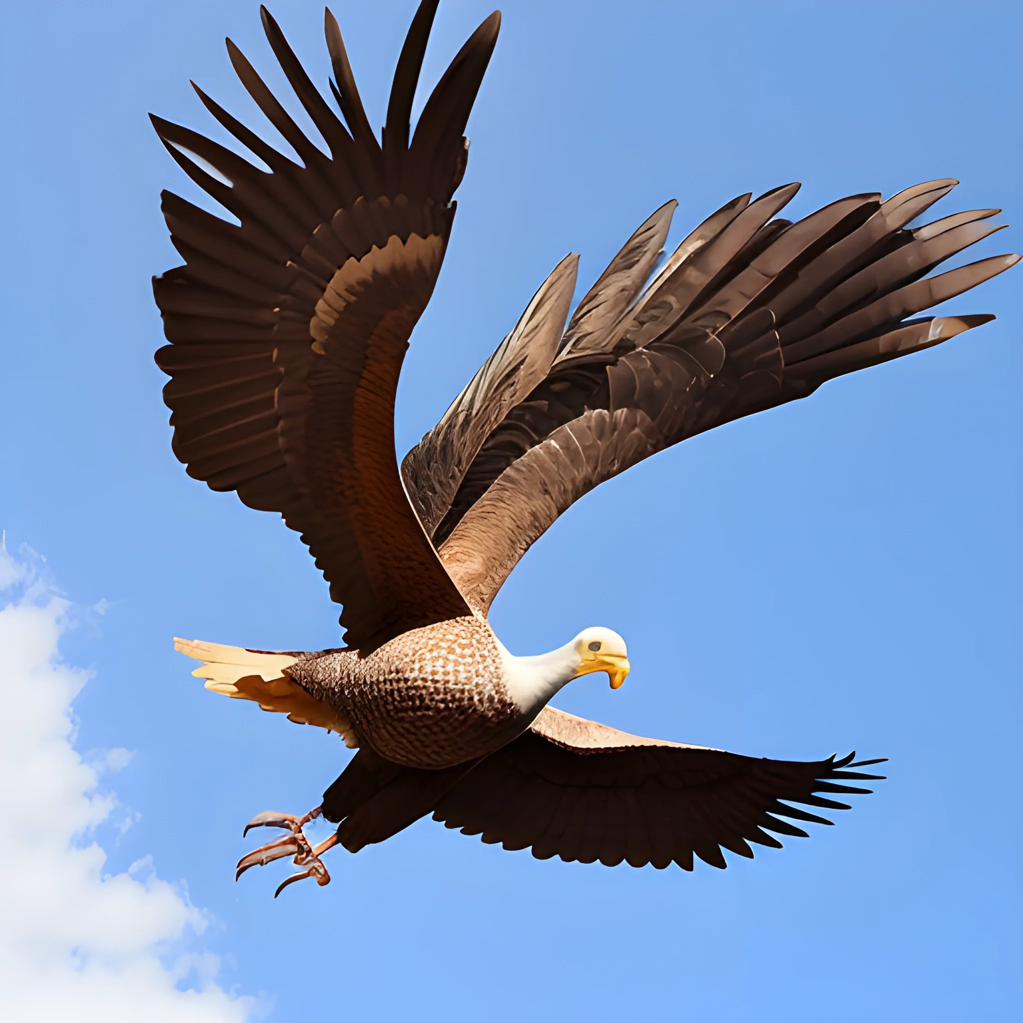 un hombre con terno y maletín volando sobre una paloma gigante