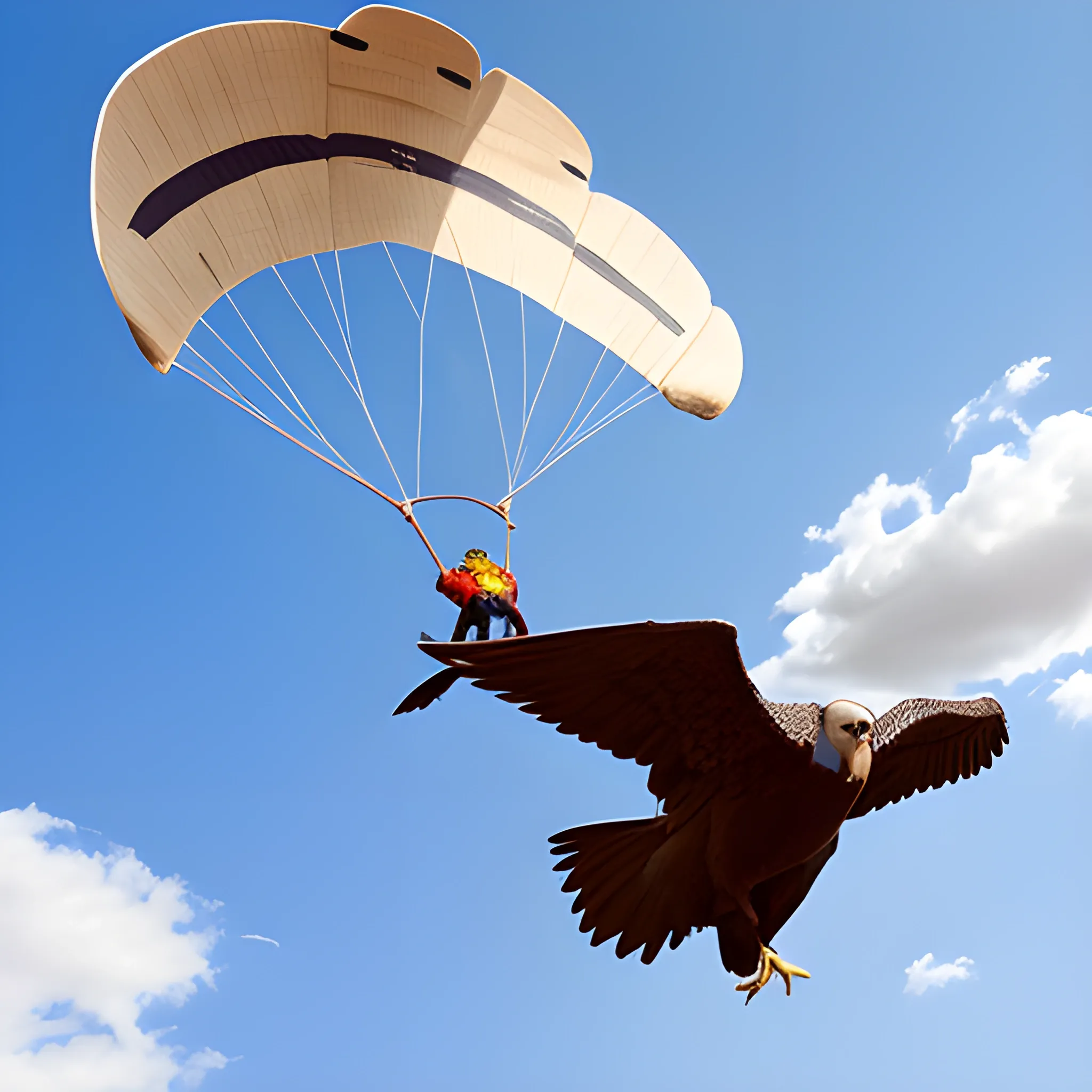 un hombre con terno y maletín volando sobre una paloma gigante