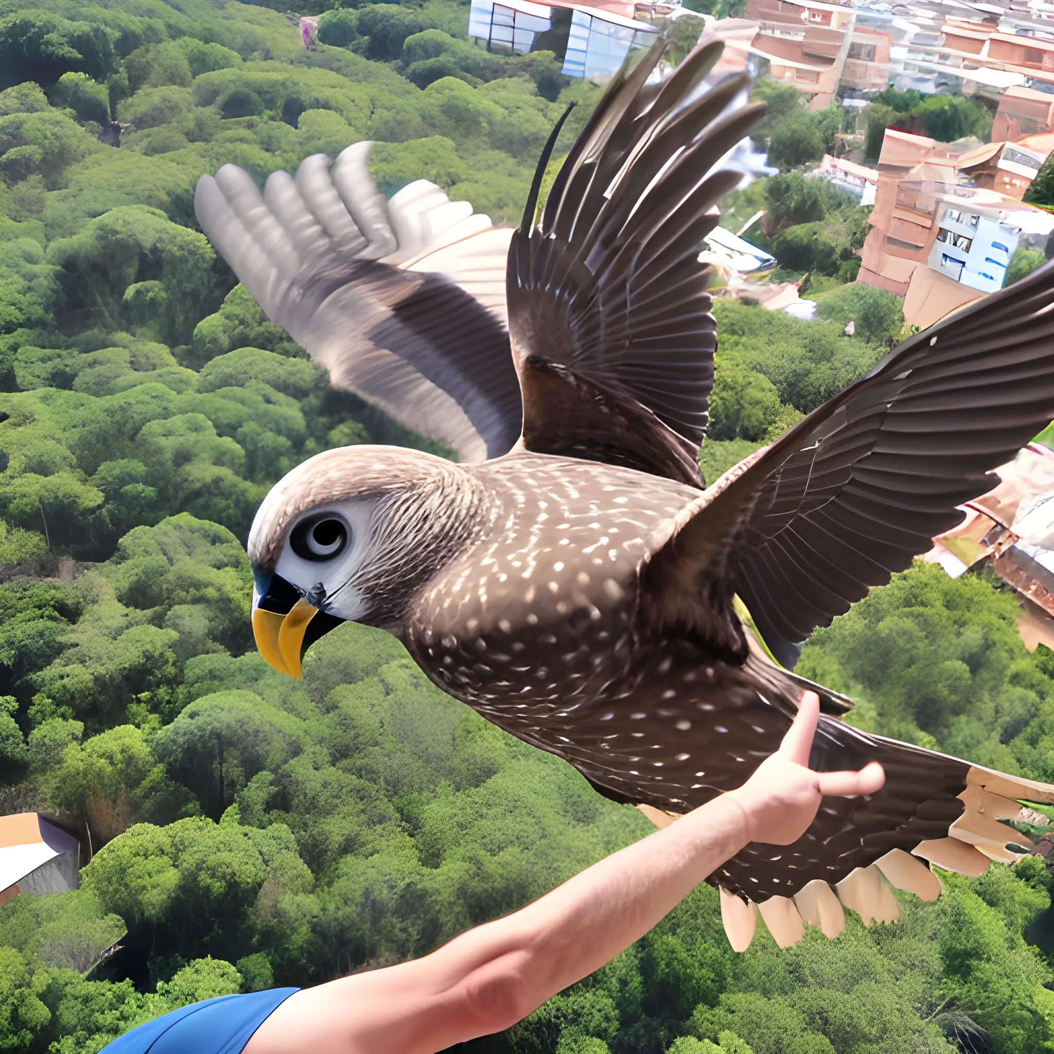 hombre volando sobre una paloma gigante