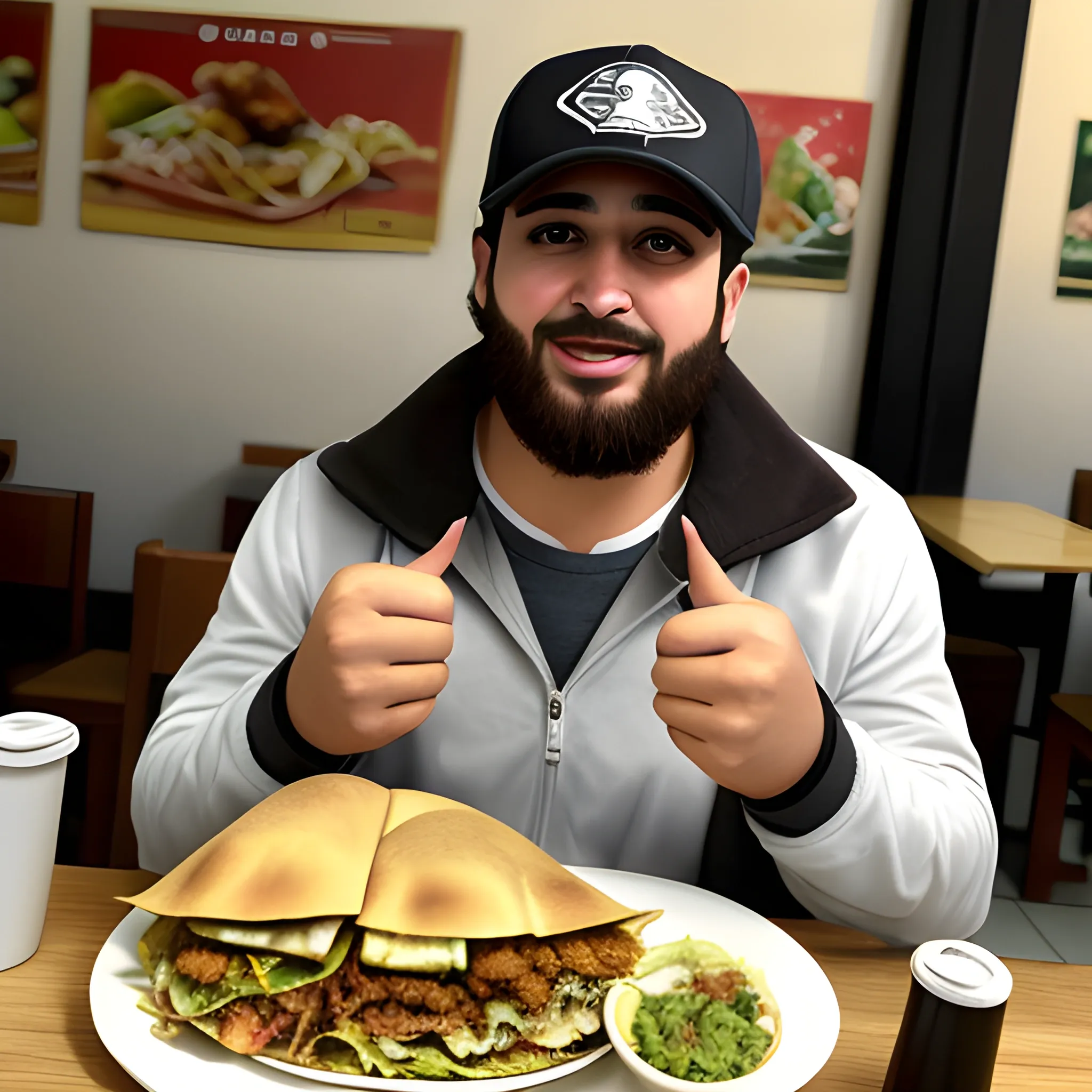 oso  hiperrealista está sentado en restaurante comiendo un  shawarma enrollado en papel sostiene con sus manos y mordiendo feliz, el oso tiene increíbles ojos verdes, el oso tiene una chaqueta sin mangas marron de concinero, el oso esta de perfil pero siempre mira a la camara