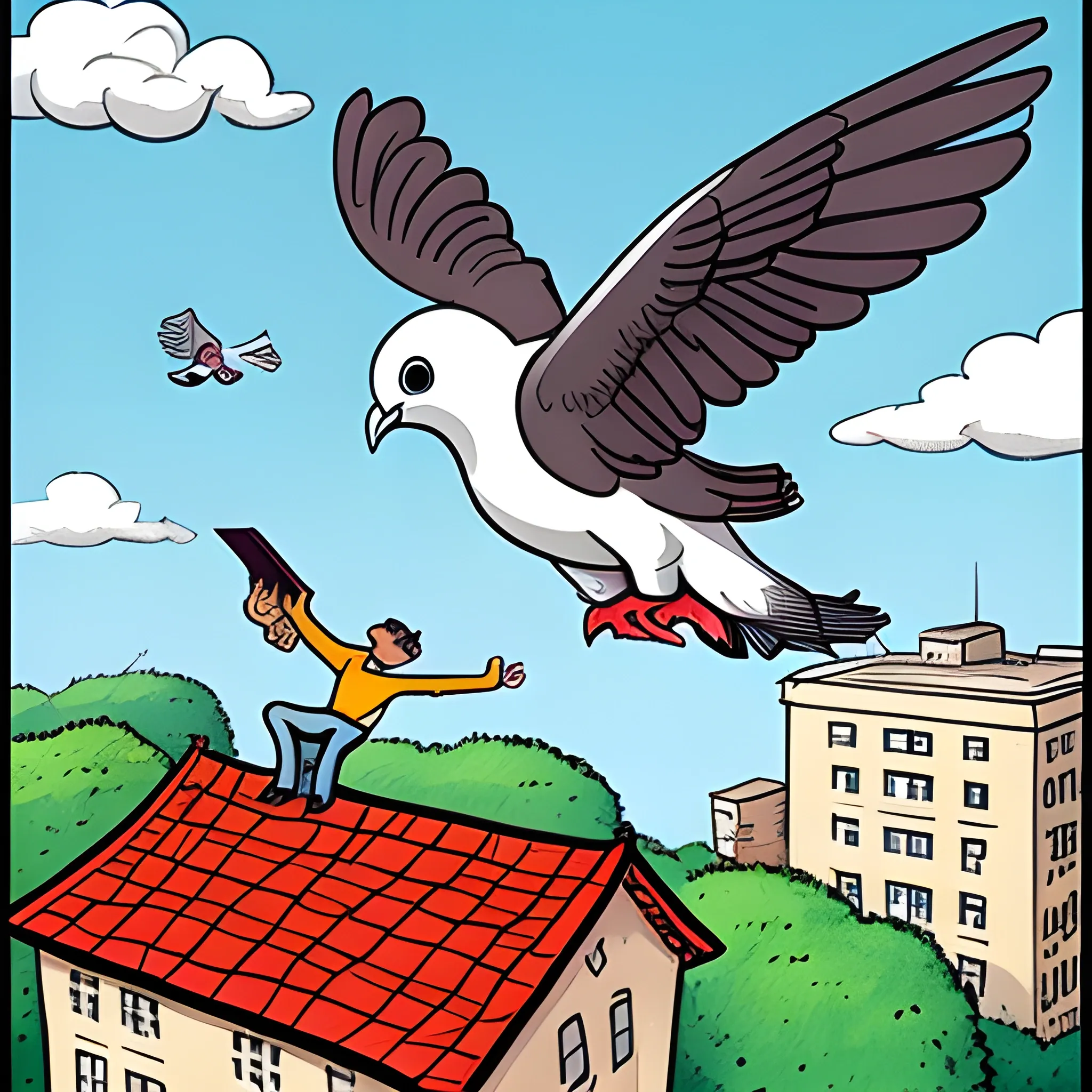 man flying on a giant pigeon,  Cartoon