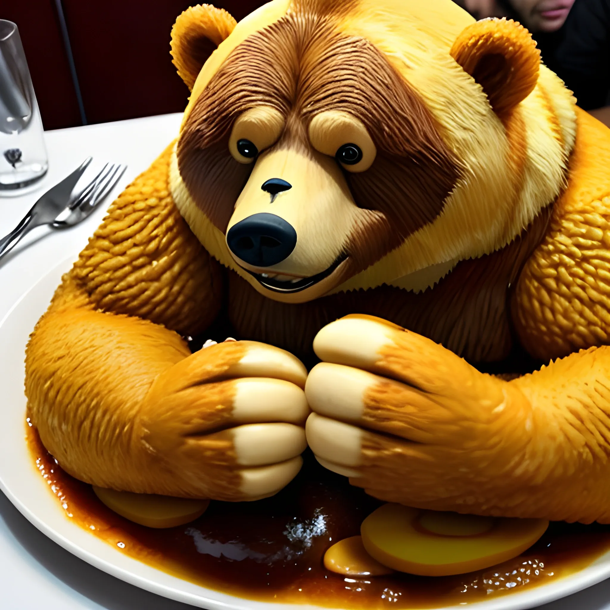 oso grizzly cartoon claro hiperrealista está sentado de perfil en restaurante comiendo un shawarma envuelto en papel de comida rapida que sostiene con sus manos y mordiendo feliz, el oso tiene increíbles ojos azules, el oso tiene un chaqueta de cocinero sin mangas marron, el oso esta sentado de perfil pero siempre mira a la camara, fondo del restaurante amarillo