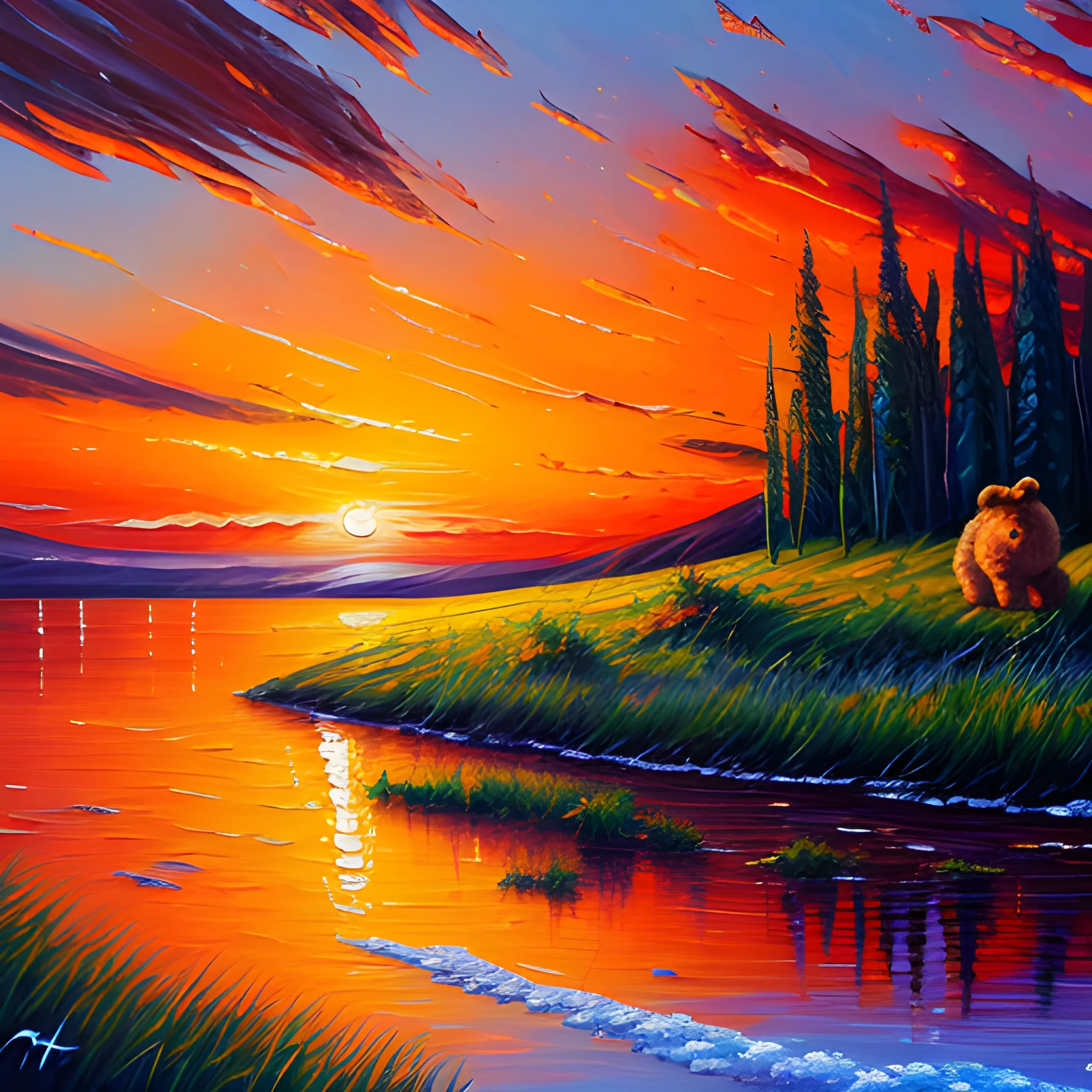 Sunset landscape painting, oil painting style
añadir un oso