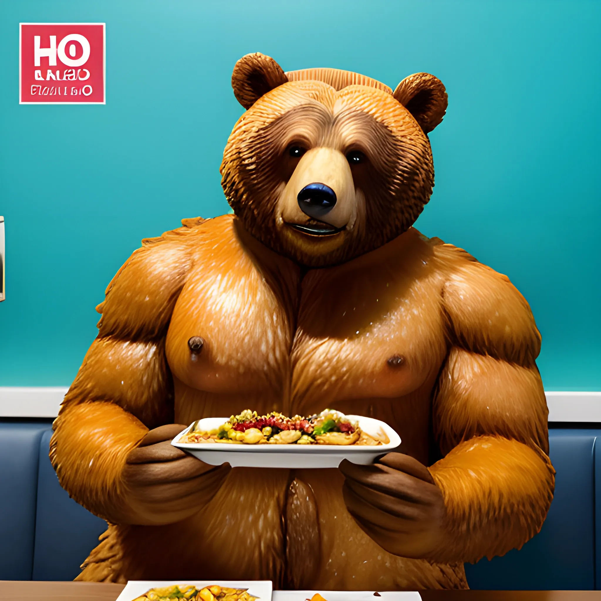 oso grizzly cartoon claro hiperrealista está sentado de perfil en restaurante comiendo un shawarma envuelto en papel de comida rapida que sostiene con sus manos y mordiendo feliz, el oso tiene increíbles ojos azules, el oso tiene un chaqueta de cocinero sin mangas marron, el oso esta sentado de perfil pero siempre mira a la camara, fondo del restaurante amarillo