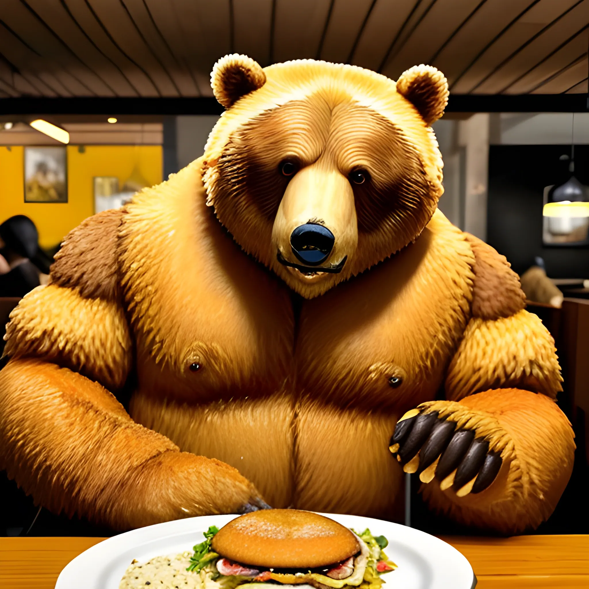 oso grizzly cartoon claro hiperrealista está sentado de perfil en restaurante comiendo un shawarma envuelto en papel de comida rapida que sostiene con sus manos y mordiendo feliz, el oso tiene increíbles ojos azules, el oso tiene un chaqueta de cocinero sin mangas marron, el oso esta sentado de perfil pero siempre mira a la camara, fondo del restaurante amarillo