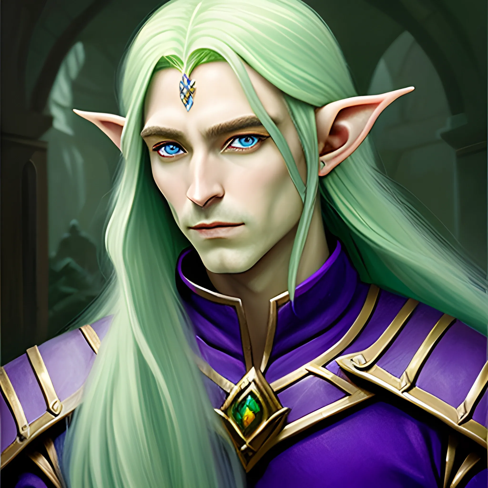 Create a dungeons and dragons character which is an Eladrin Elf male Twilight Cleric of Selune with green long hair and piercing blue eyes, Oil Painting