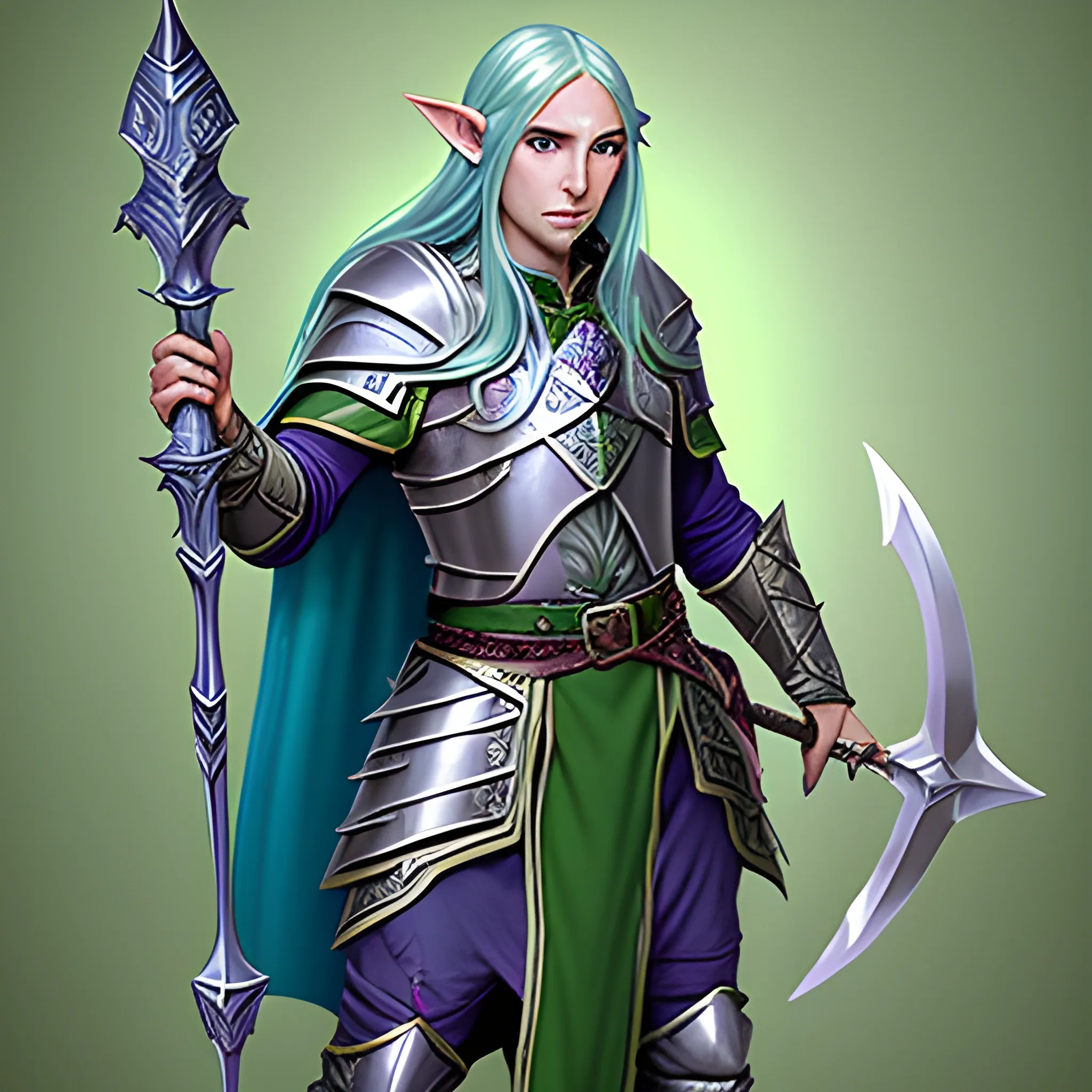 Create a dungeons and dragons character which is an Eladrin Elf male Twilight Cleric of Selune with green long hair and piercing blue eyes, wearing scale mail armor, a rapier, and a shield, Oil Painting