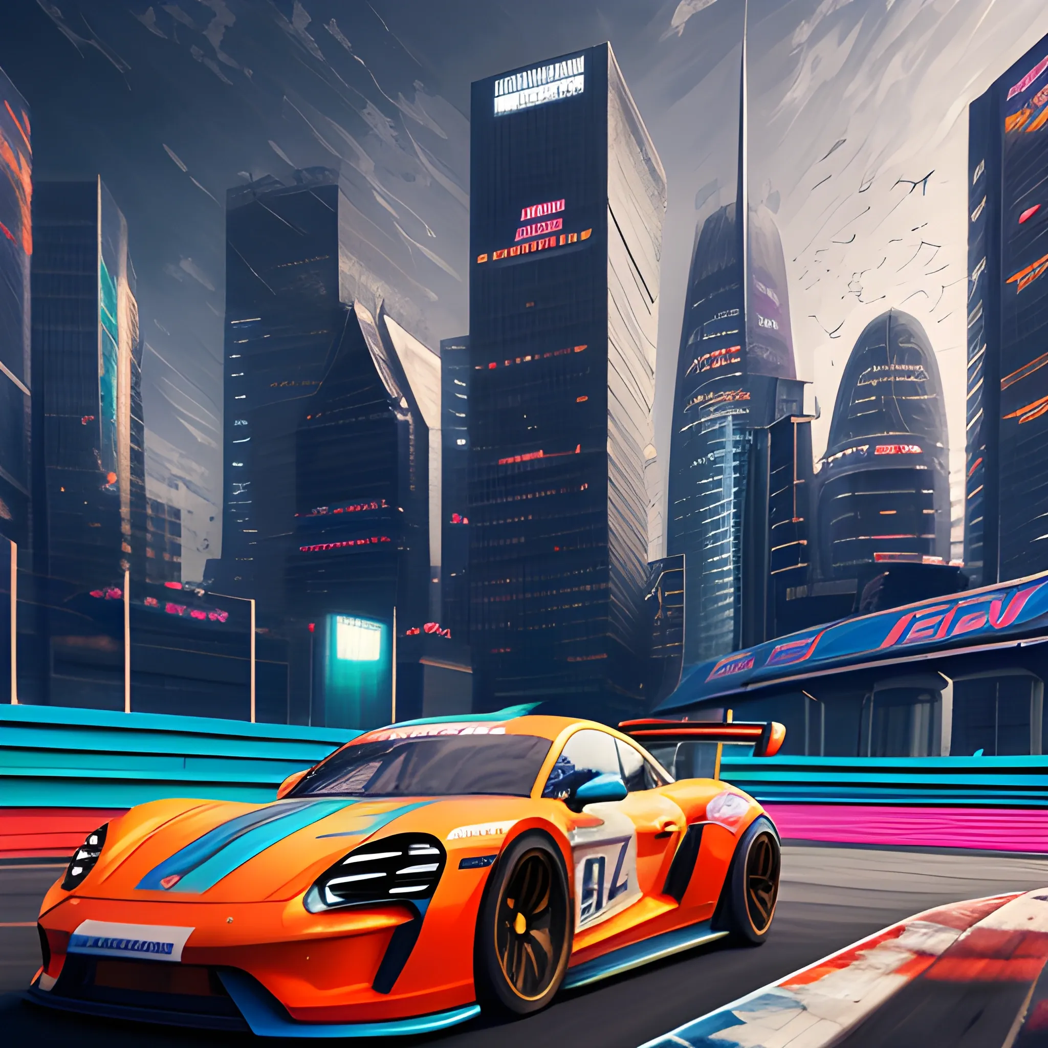 a portrait of a fast running racing car, modern city in the background, colorful, hyperdetailed, intricate, concept art, smooth, 3d, 8k resolution wallpaper, trending on artstation, Trippy, porsche taycan