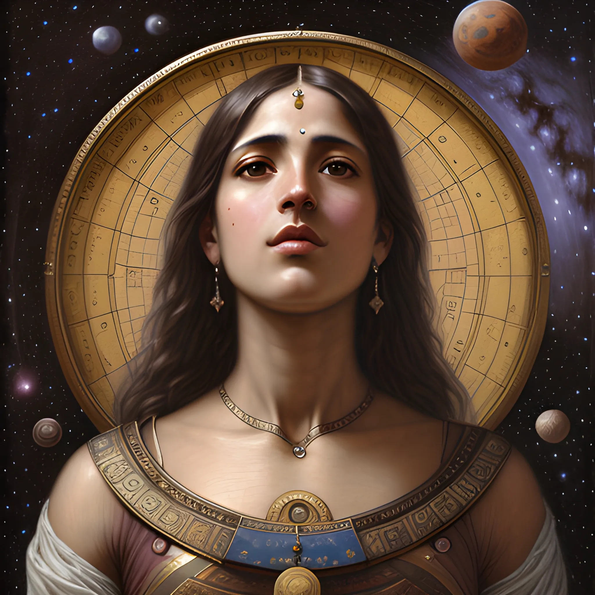 realistic detailed antique colored painting, libra astrology figurative symbol, dark skinned spanish woman, planet venus, milky way, waterhouse style, high quality, 4k resolution, intricate detail, cinematic, Oil Painting