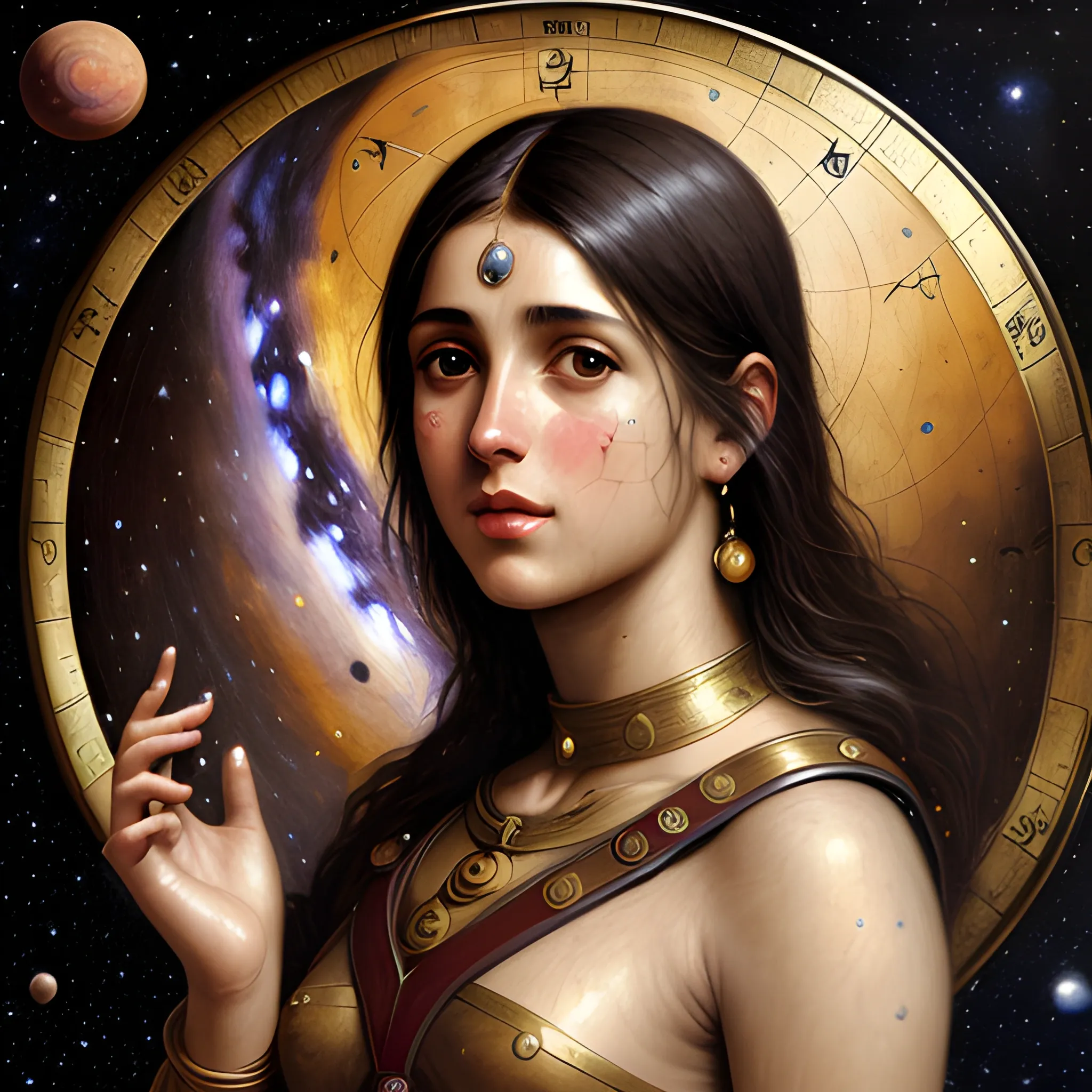 realistic detailed antique colored painting, libra astrology figurative symbol, darker skinned spanish woman, planet venus, milky way, waterhouse style, high quality, 4k resolution, intricate detail, cinematic, Oil Painting