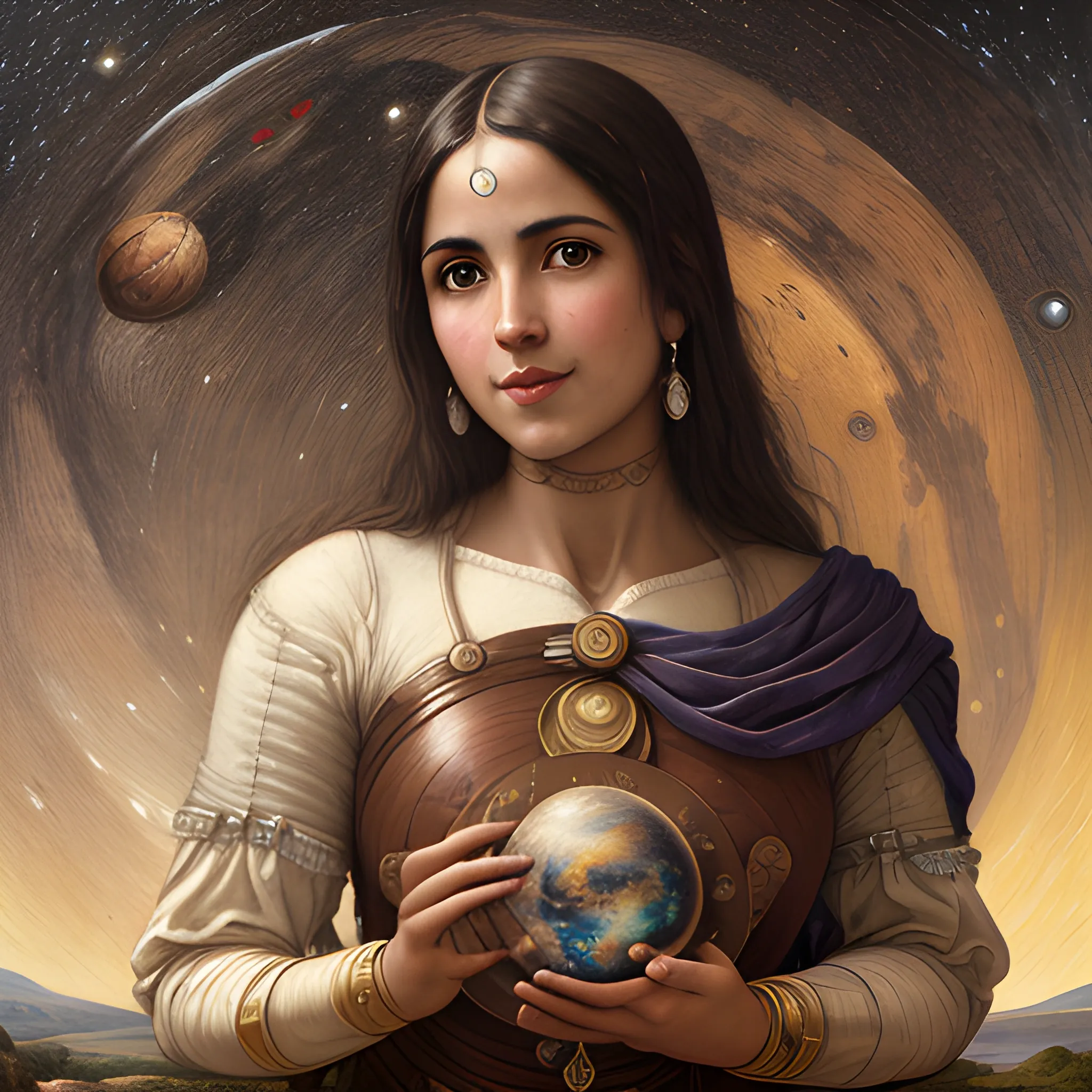 realistic detailed antique colored painting, libra astrology figurative symbol, darker skinned spanish woman, subtle smile, planet venus, milky way, waterhouse style, high quality, 4k resolution, intricate detail, cinematic, Oil Painting