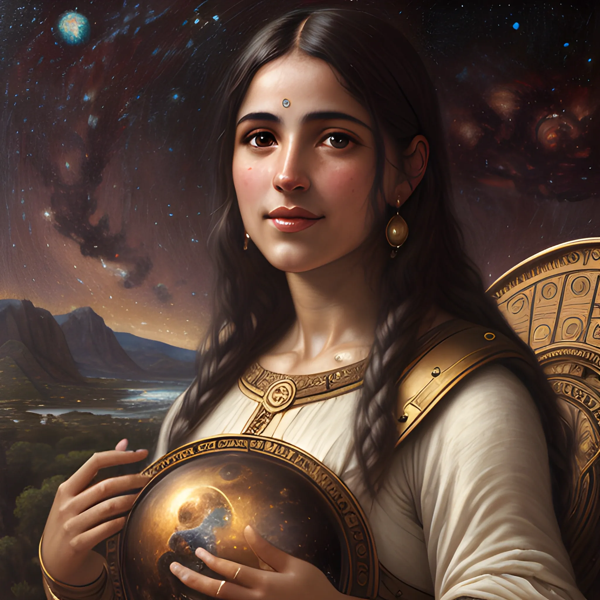 photorealistic ultra detailed, antique painting, libra astrology figurative symbol, darker skinned spanish woman, subtle smile, planet venus, milky way, waterhouse style, high quality, 4k resolution, intricate detail, luxurious warmth, cinematic, rim light, Oil Painting