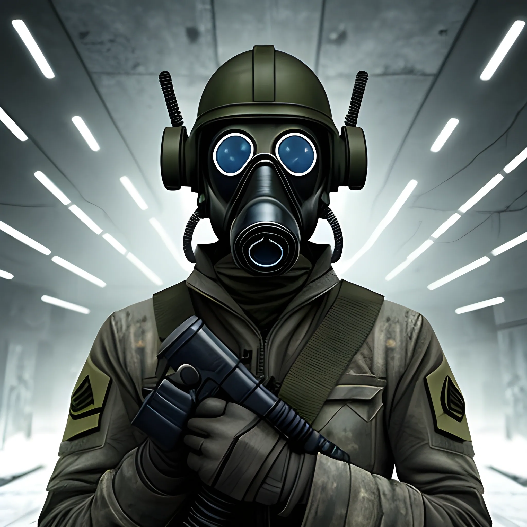 dystopian soldier with cold gaze entrenate to kill he has a steeal hand with lights and a gas mask, Cartoon
