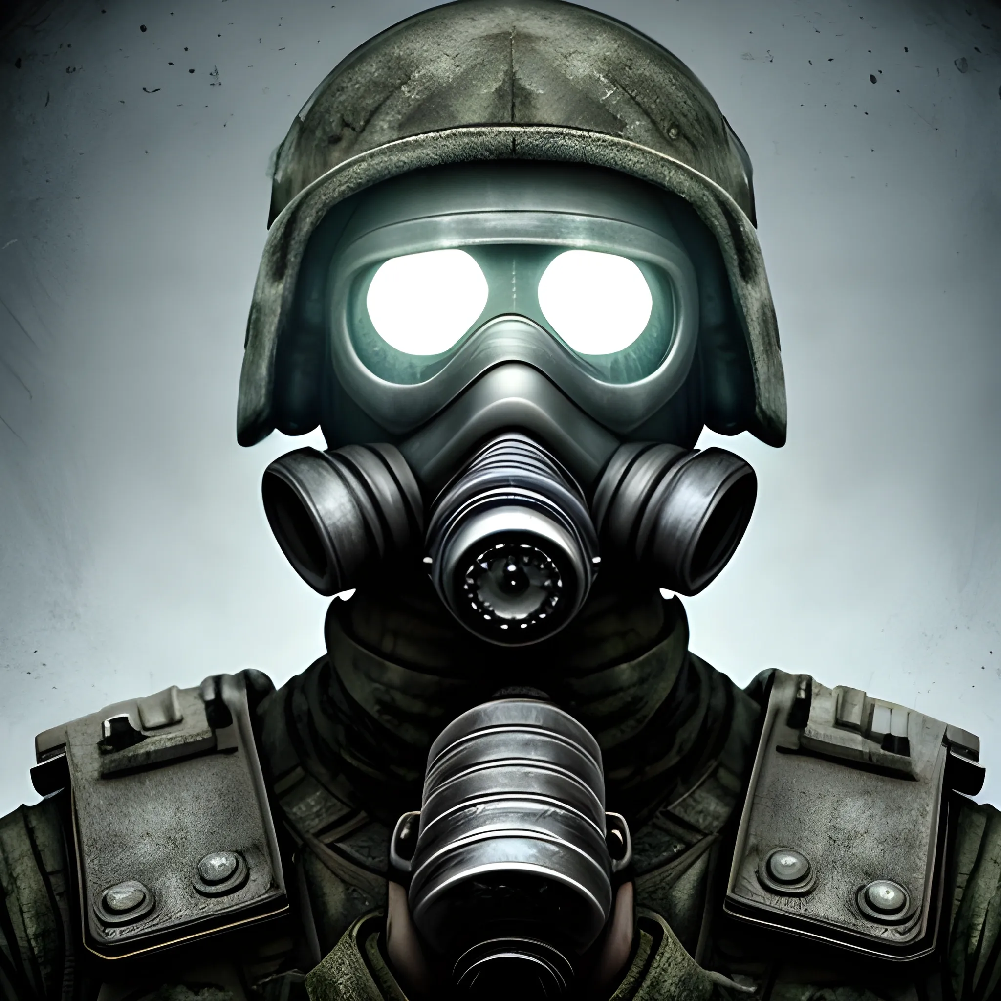 dystopian soldier with cold gaze entrenate to kill he has a steeal hand with lights and a gas mask, , Trippy