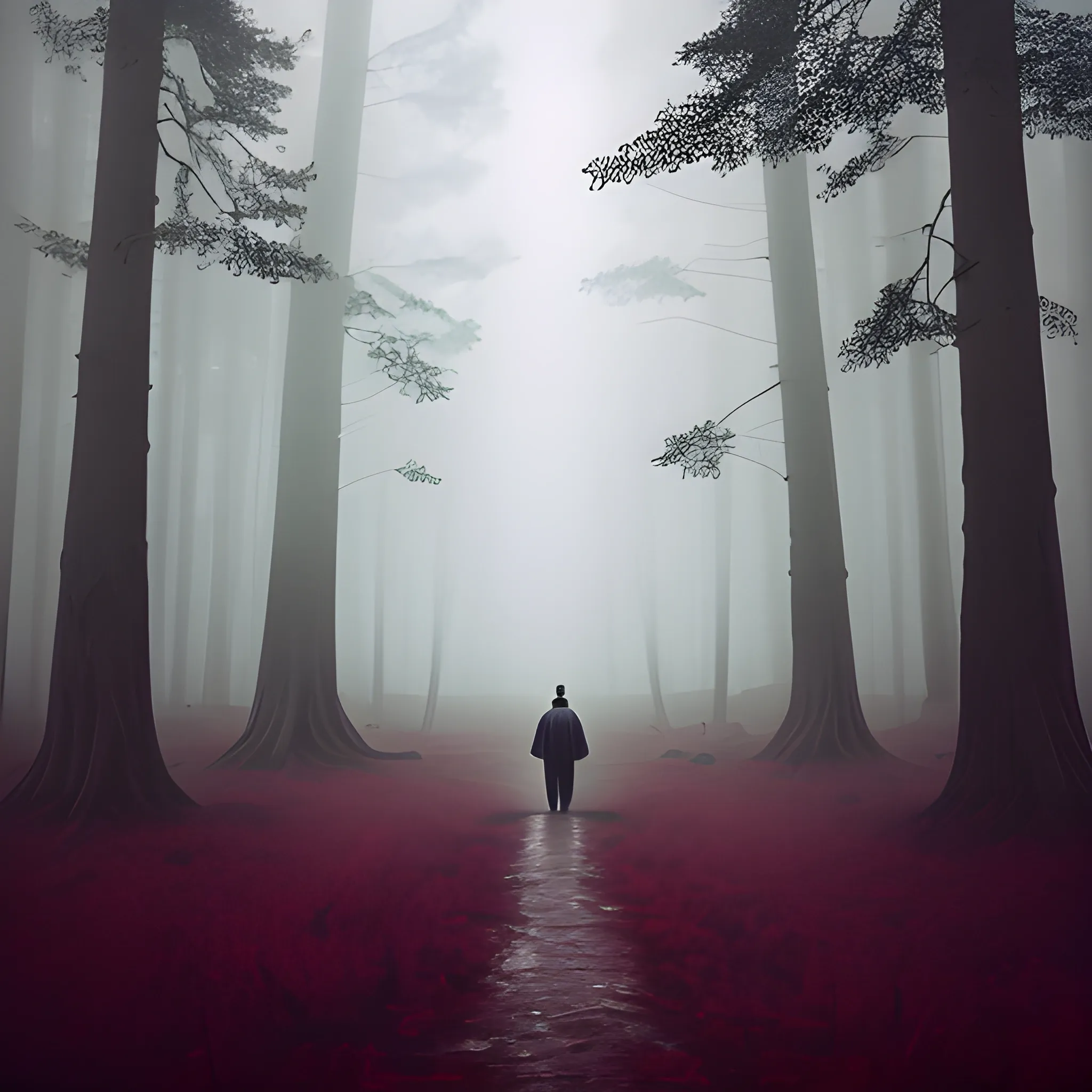 Lonely man in a black raincoat approaching a forest full of large trees and getting lost in the mist while in the background some thin red-eyed giants wait for him , Trippy