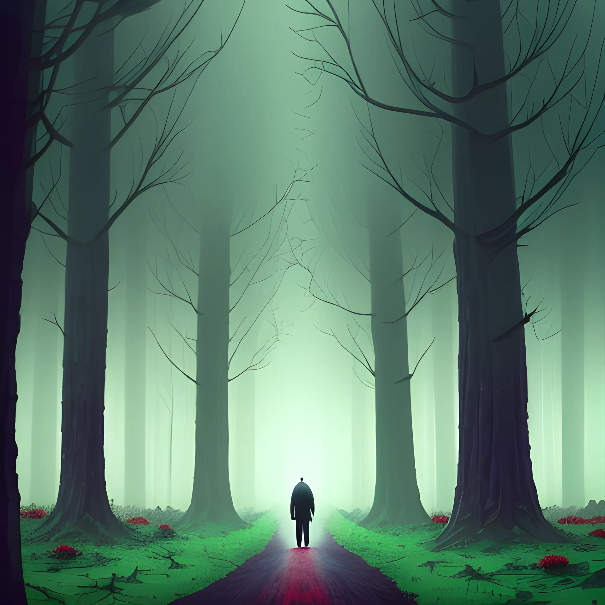 Lonely man in a black raincoat approaching a forest full of large trees and getting lost in the mist while in the background some thin red-eyed giants wait for him , Trippy, Cartoon