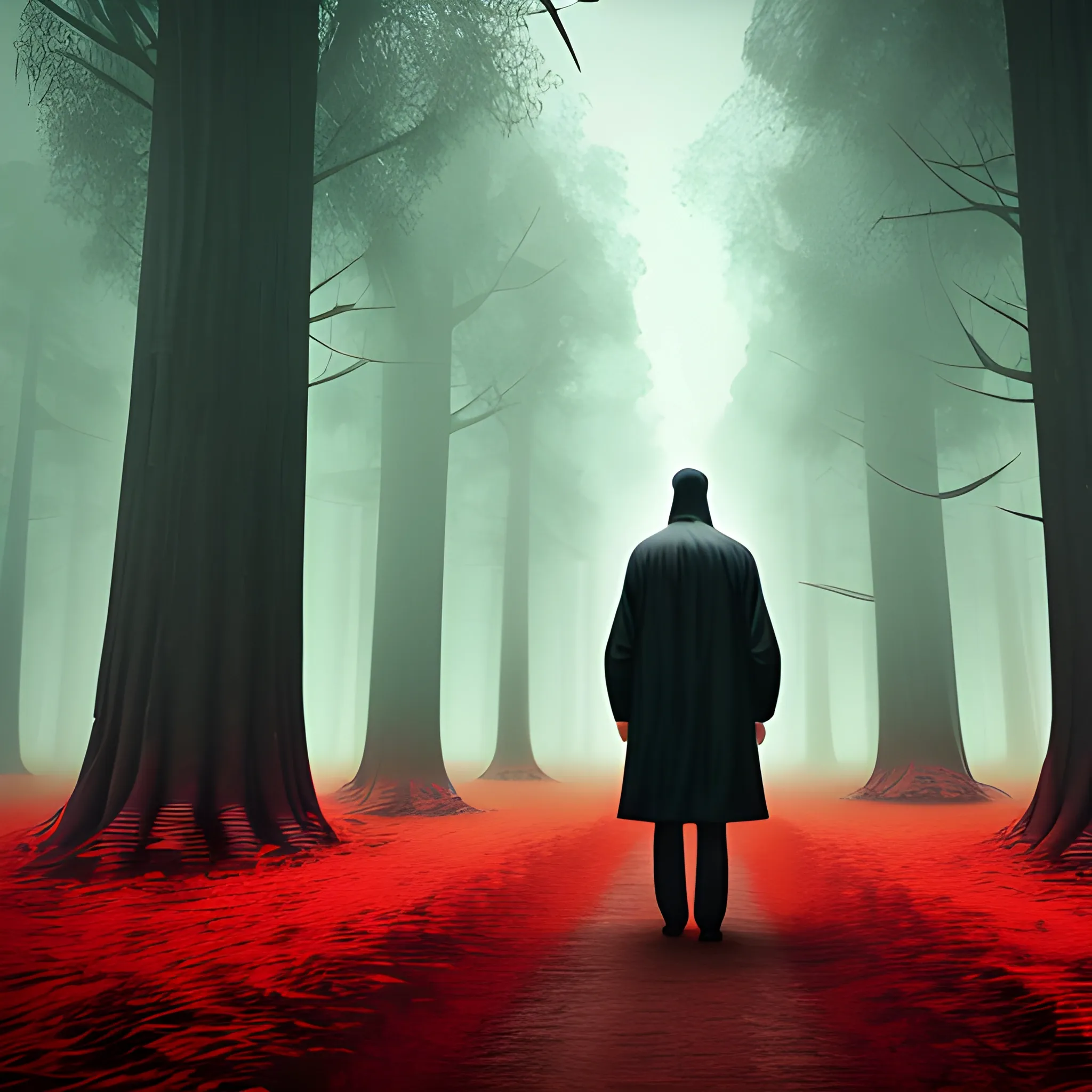 Lonely man in a black raincoat approaching a forest full of large trees and getting lost in the mist while in the background some thin red-eyed giants wait for him , Trippy, Cartoon, 3D