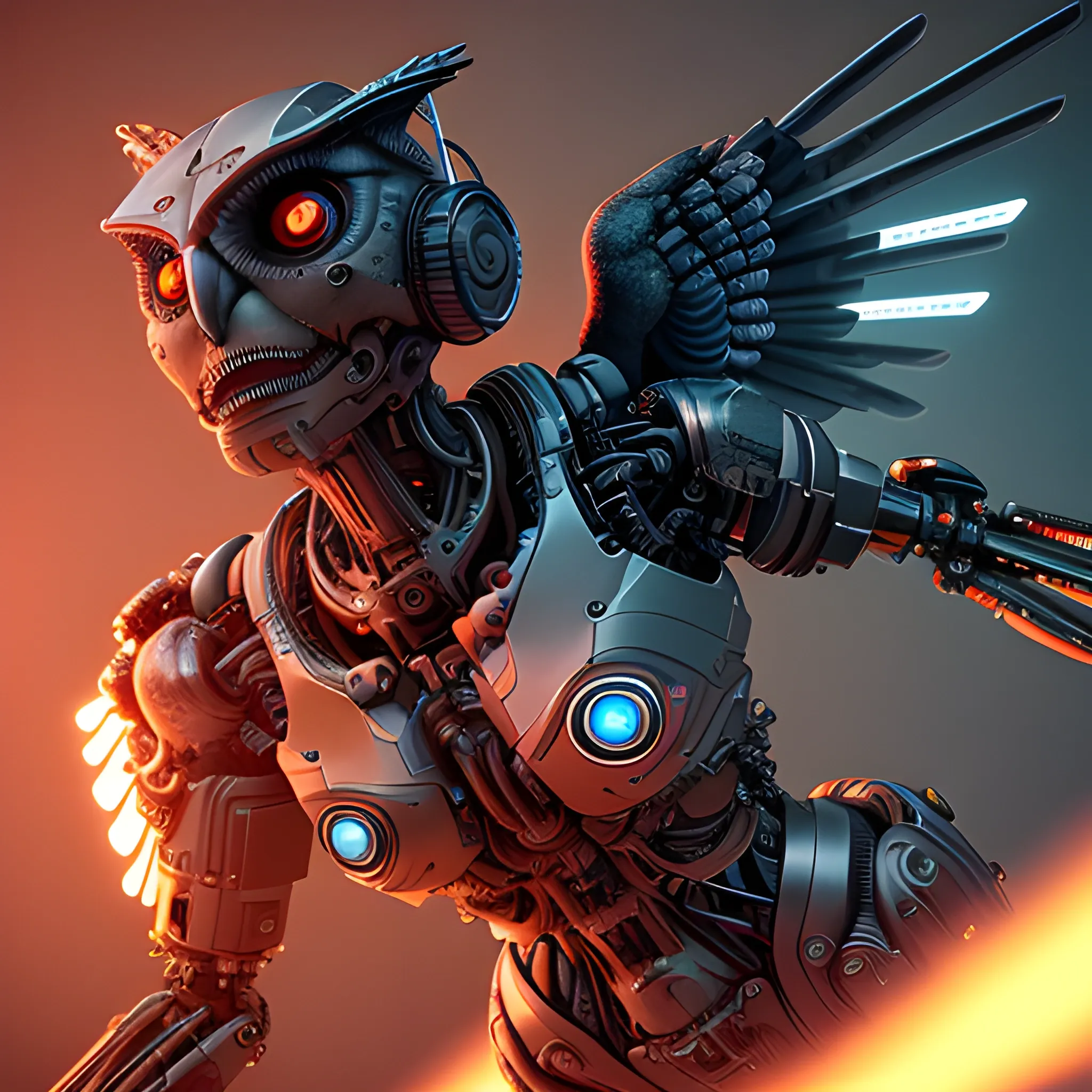 A complex 3D render of a cyborg owl in the night, wings spreaded, dead-center in frame, robotic parts, microchip, ultra detailed wires and cog wheels, lace, electric cables, in a cyberpunk city, furious expression, eyes glowing, breathing smoke, vibrant, esport, epic, celestial, moody, cinematic lighting, 150 mm, lens flare, highly detailed, sharp focus, octane render, HDRI, intense, dramatic, warm colors, fiery effect, professional, IMAX, dark studio, low key, high contrast, flawless detail, award-winning, expertly crafted, detailed pupils, colour grading, post-processed, rim light, hyperrealistic