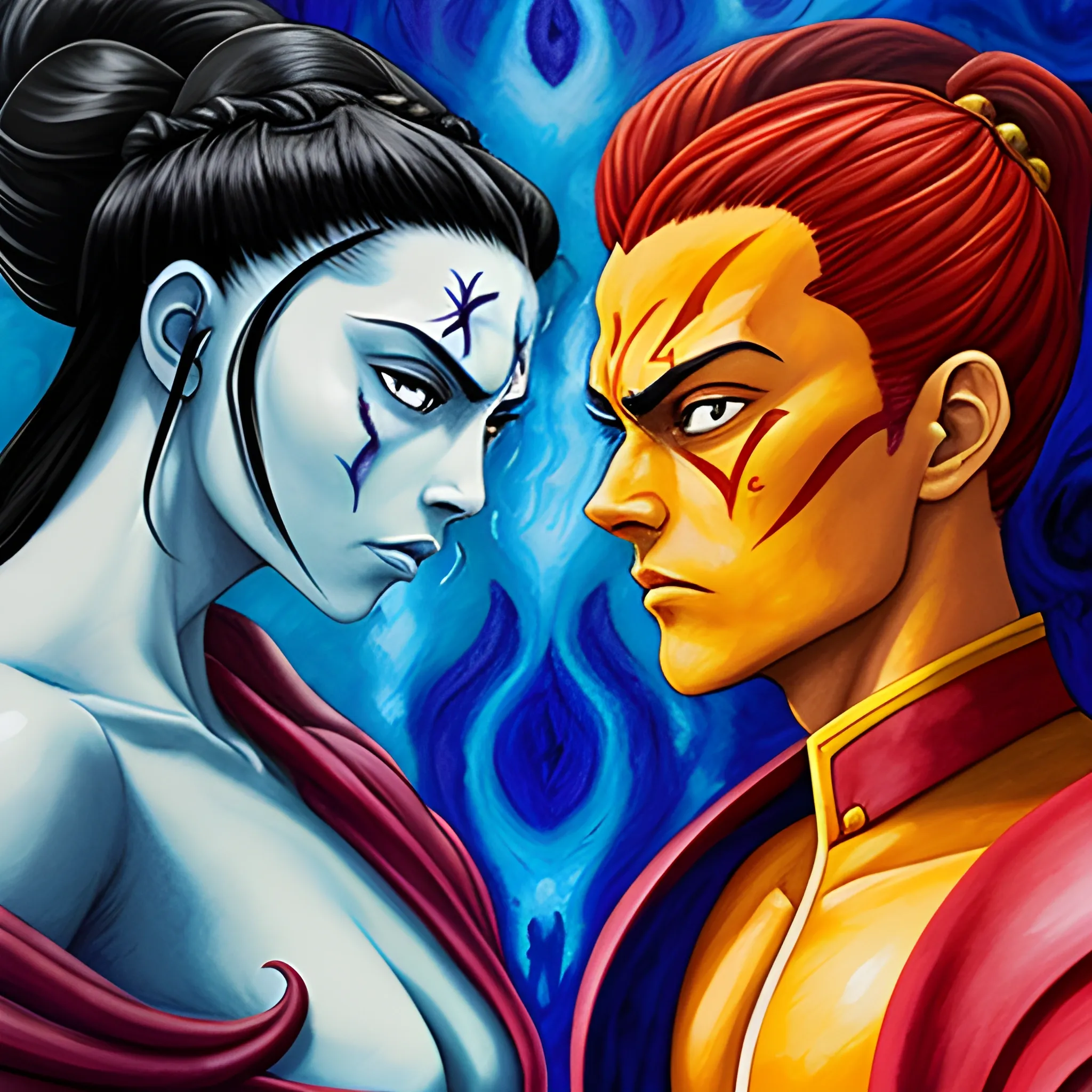 Pelea del principe Zuko(Hombre) VS la princesa  Azula(Mujer) en la serie de Avatar: La leyenda del último maestro aire, Trippy, Oil Painting, Water Color