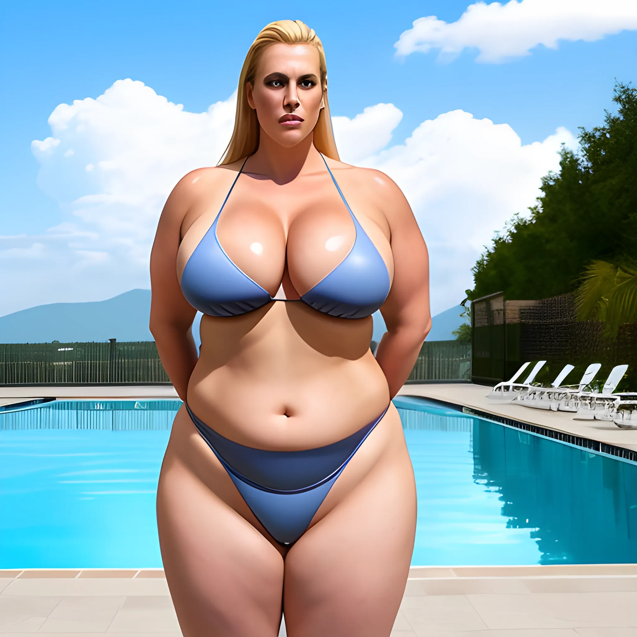 very tall large overweight plus size muscular lovely blonde young girl with small head, very broad shoulders, strait body, small narrow pelvis, narrow slim hips, long thighs and legs, towering at swimming pool under the clouds