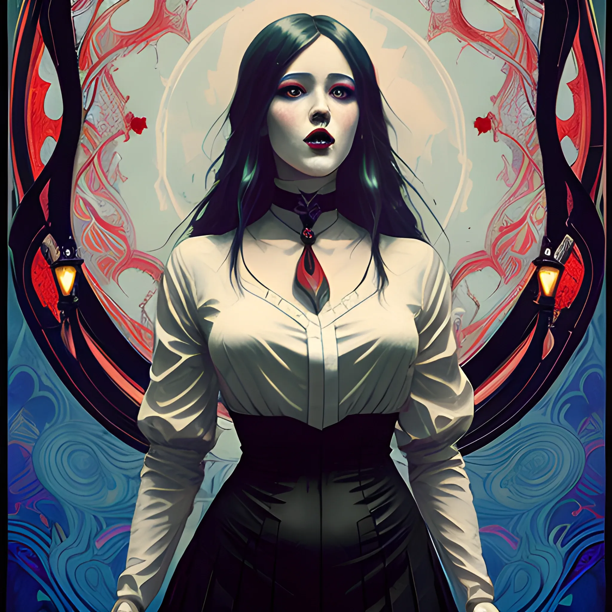 Art Nouveau painting, silver and red colors,  true aesthetics, stylish fashion shot of a beautiful living woman posing in front of a psychedelic art nouveau style. gothic style korean female, full figure, fit, ellegant tight white shirts, ties, miniskirts,  legs,  choker, long hair, classy,  big bossom, beautiful faces, manga eyes, same eyes, open mouth, dark wood with mystery lights in the background, art by Greg Rutkowski, acrylic, high contrast, colorful polychromatic, ultra detailed, ultra quality, CGSocietyHighly detailed, highest quality