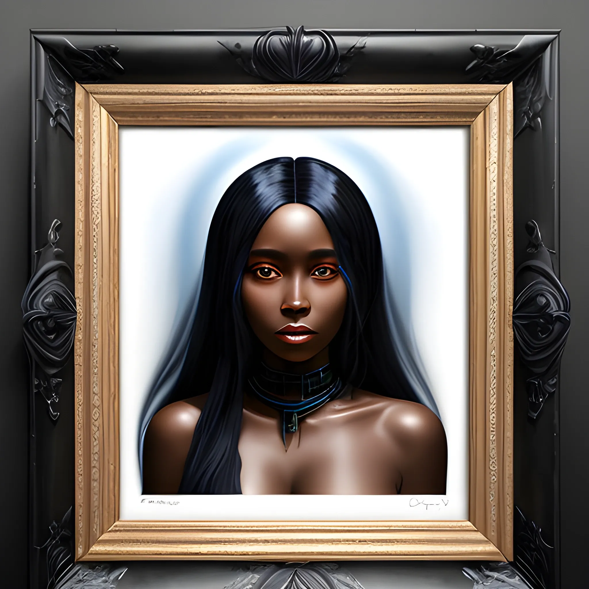 ethereal black female 
 with long dark blue  hair, Oil Painting, 3D