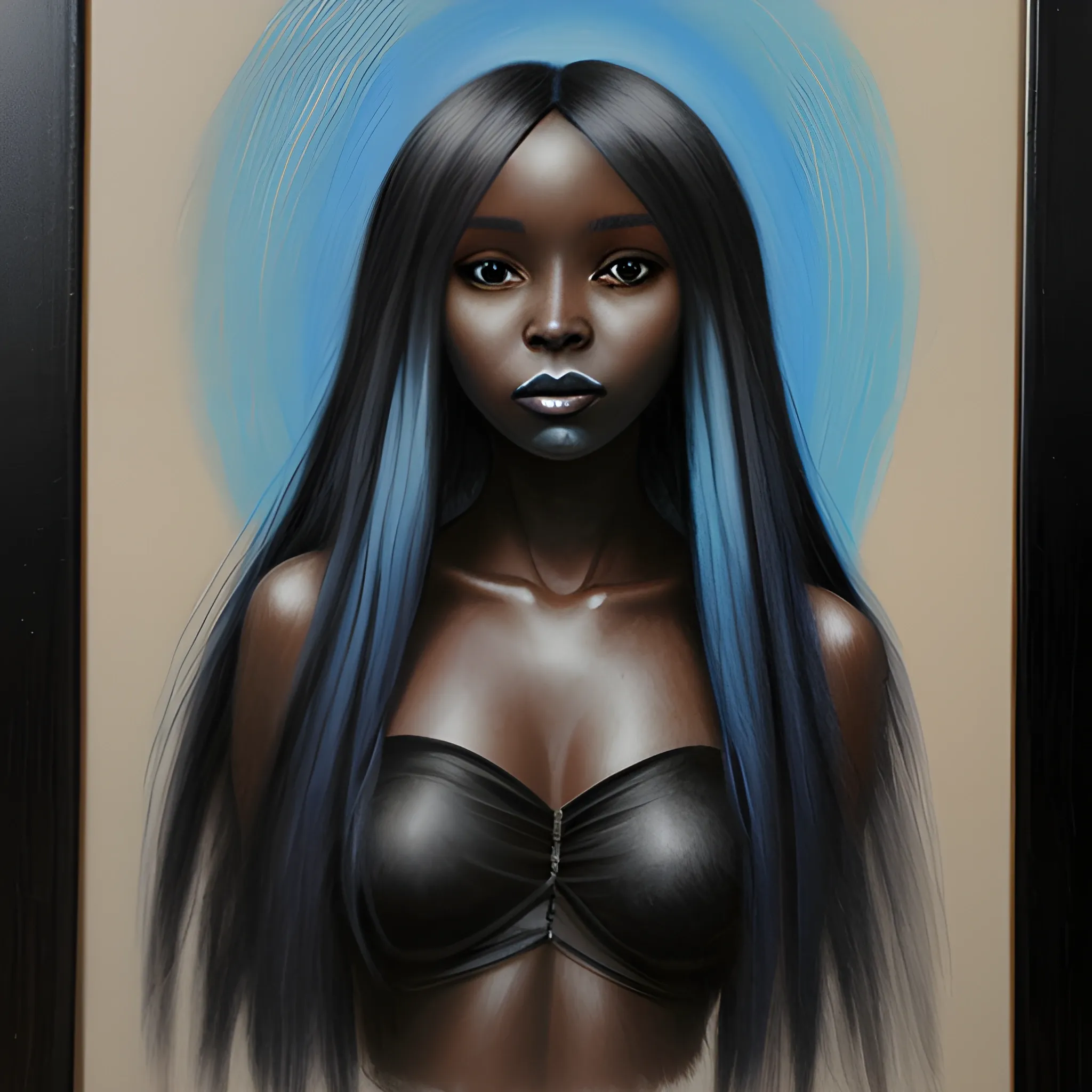 ethereal black female 
 with long blue hair, Oil Painting, Pencil Sketch