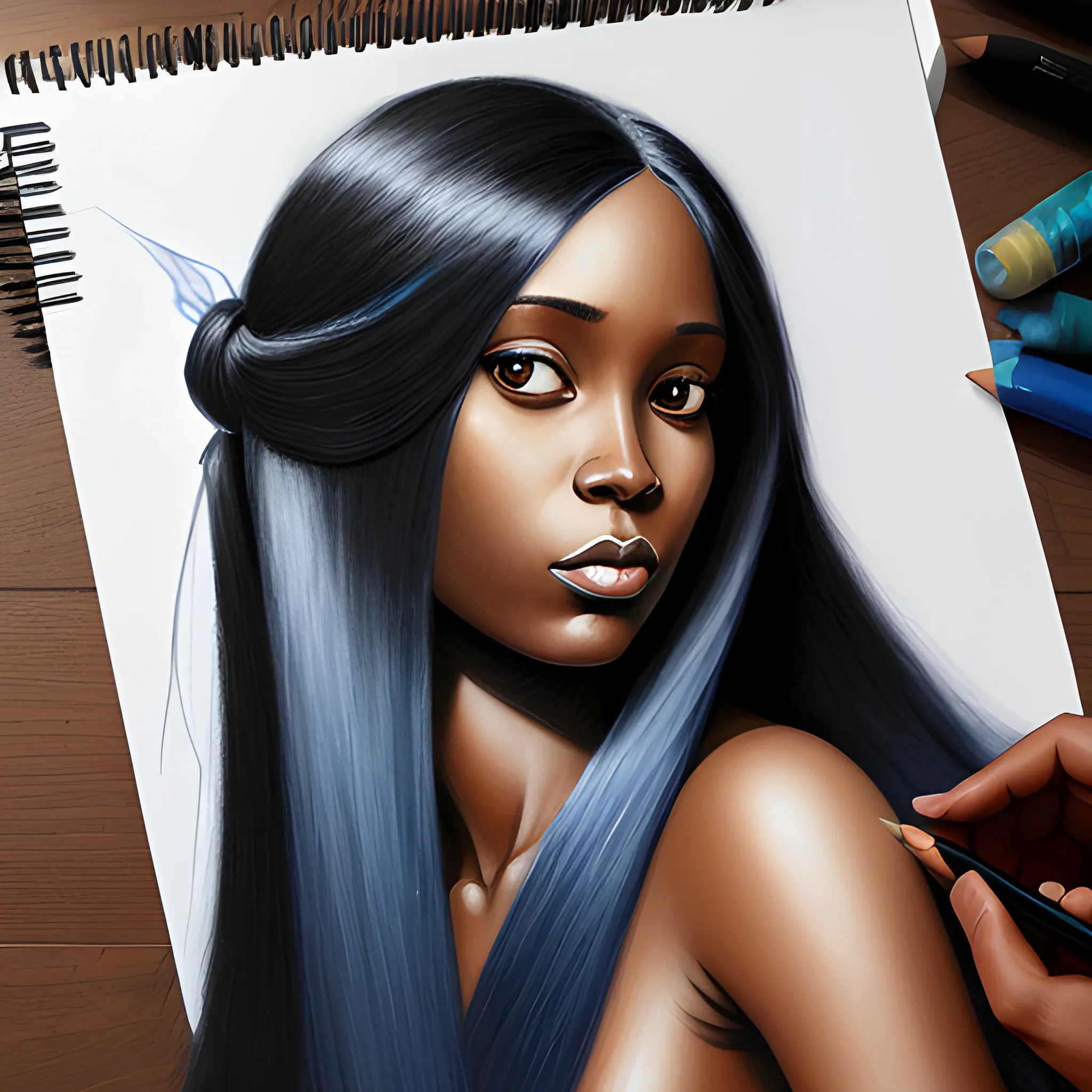 ethereal black female 
 with long blue hair, Oil Painting, Pencil Sketch, Cartoon