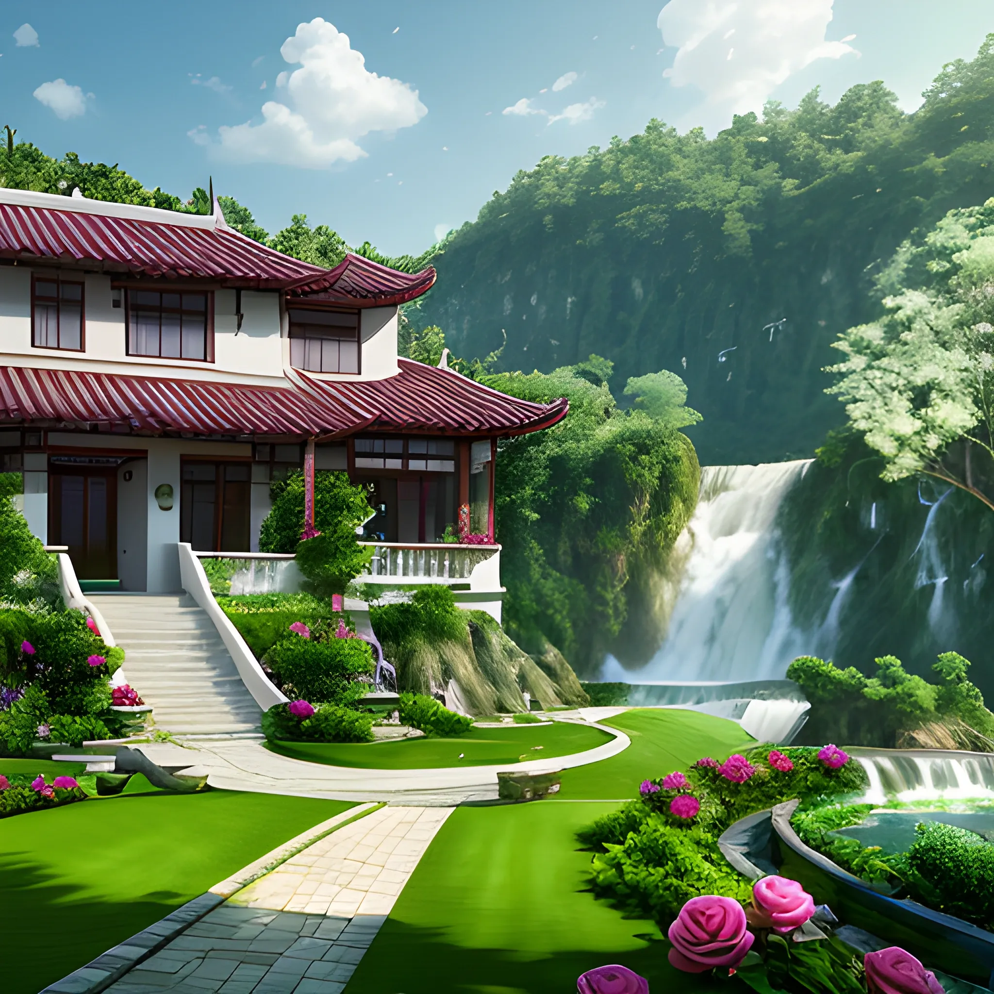 A realistic CG rendering of Juck Zhang, with a green villa on it, green grass besides the villa, a white cotton cloud in the sky, and a rose waterfall flowing from the roof to the grass.HD --ar 9:16 