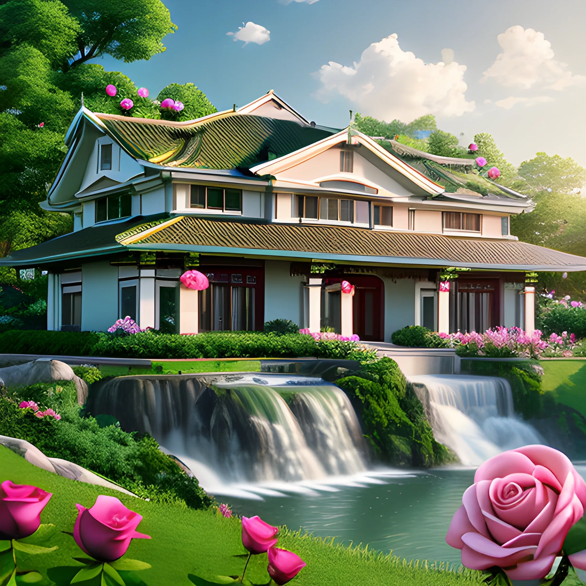 A realistic CG rendering of Juck Zhang, with a green villa on it, green grass besides the villa, a white cotton cloud in the sky, and a rose waterfall flowing from the roof to the grass.HD --ar 9:16 