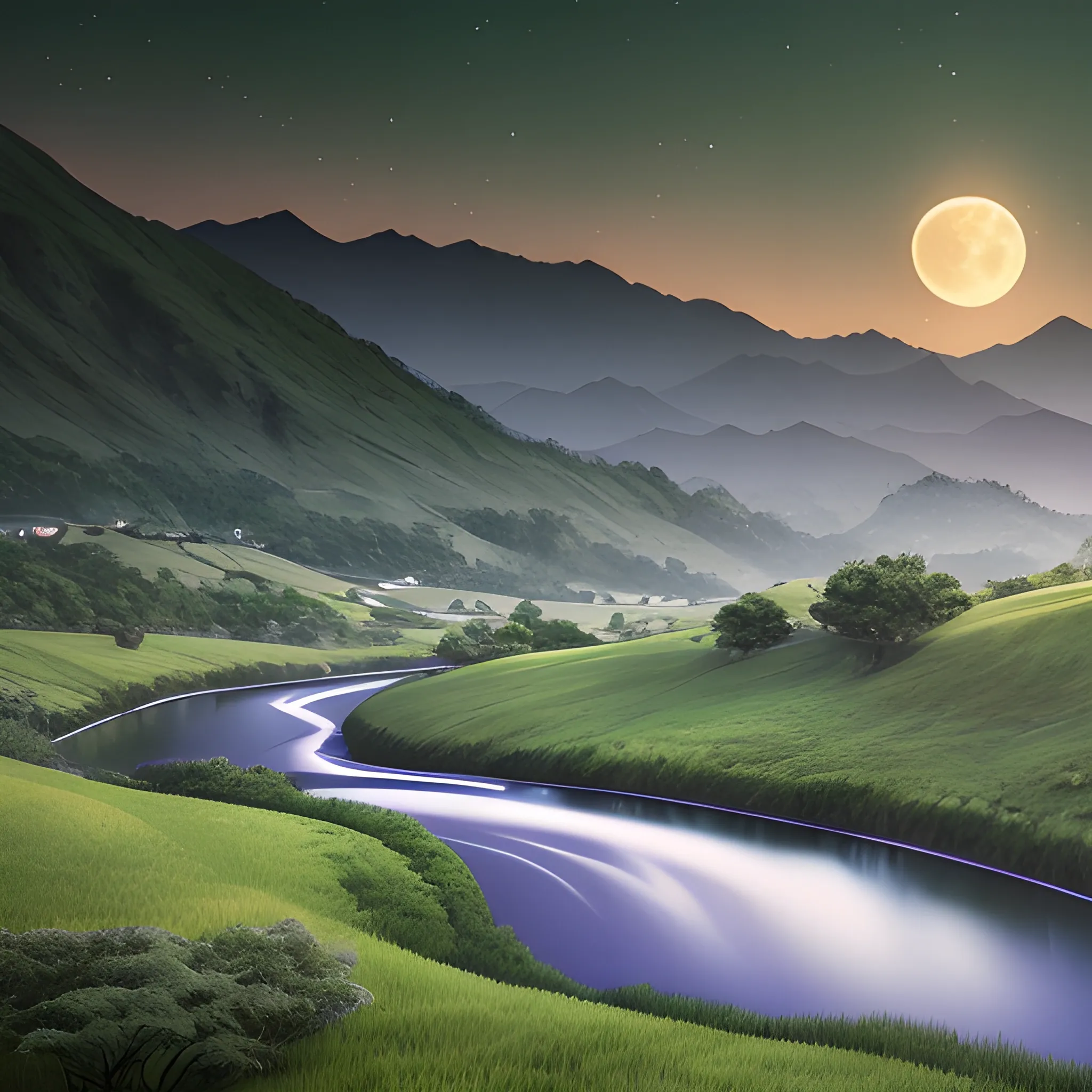 Super real scenery, have the moon in the night sky, the distance is dashan, mountain streams, green grass. 4 k