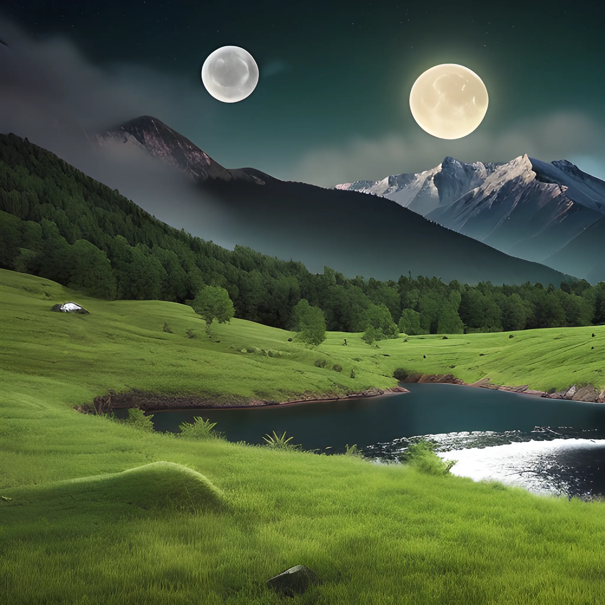 Real landscape, have the moon in the night sky, distance is the mountain, the mountain stream, the green grass. 4 k