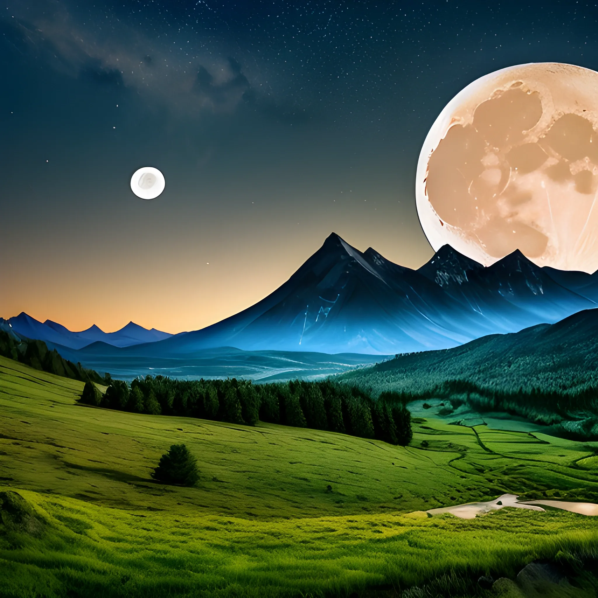 Real landscapes, and the moon in the night sky, vision is the mountain, the mountain is the river, the green grass. High quality picture 4 k
