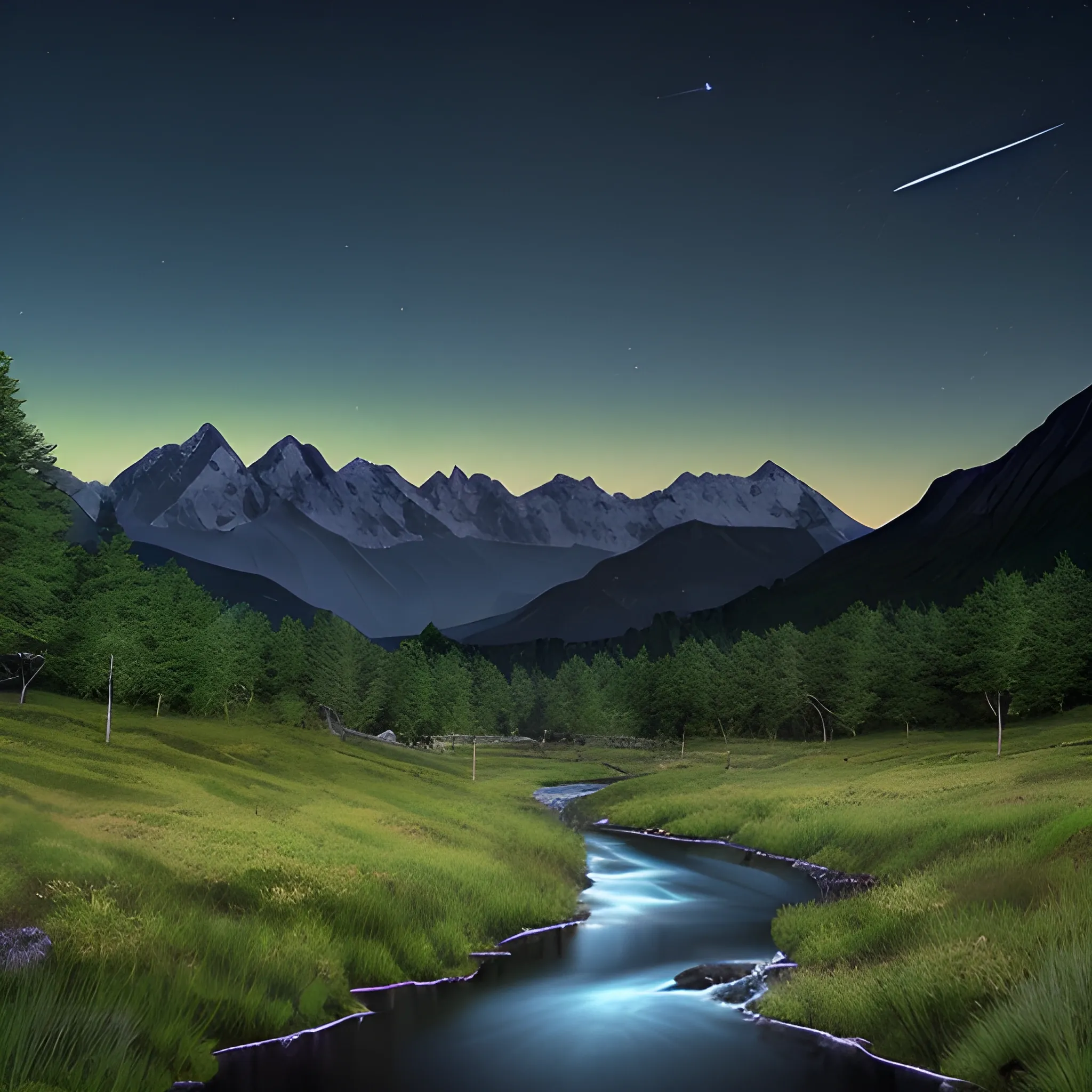 "Generate: Draw a realistic landscape image with a night sky. In the distance, there are mountains, a stream flowing down the mountains, and a green grassland. The image should be in ultra-high-definition 4K resolution."




