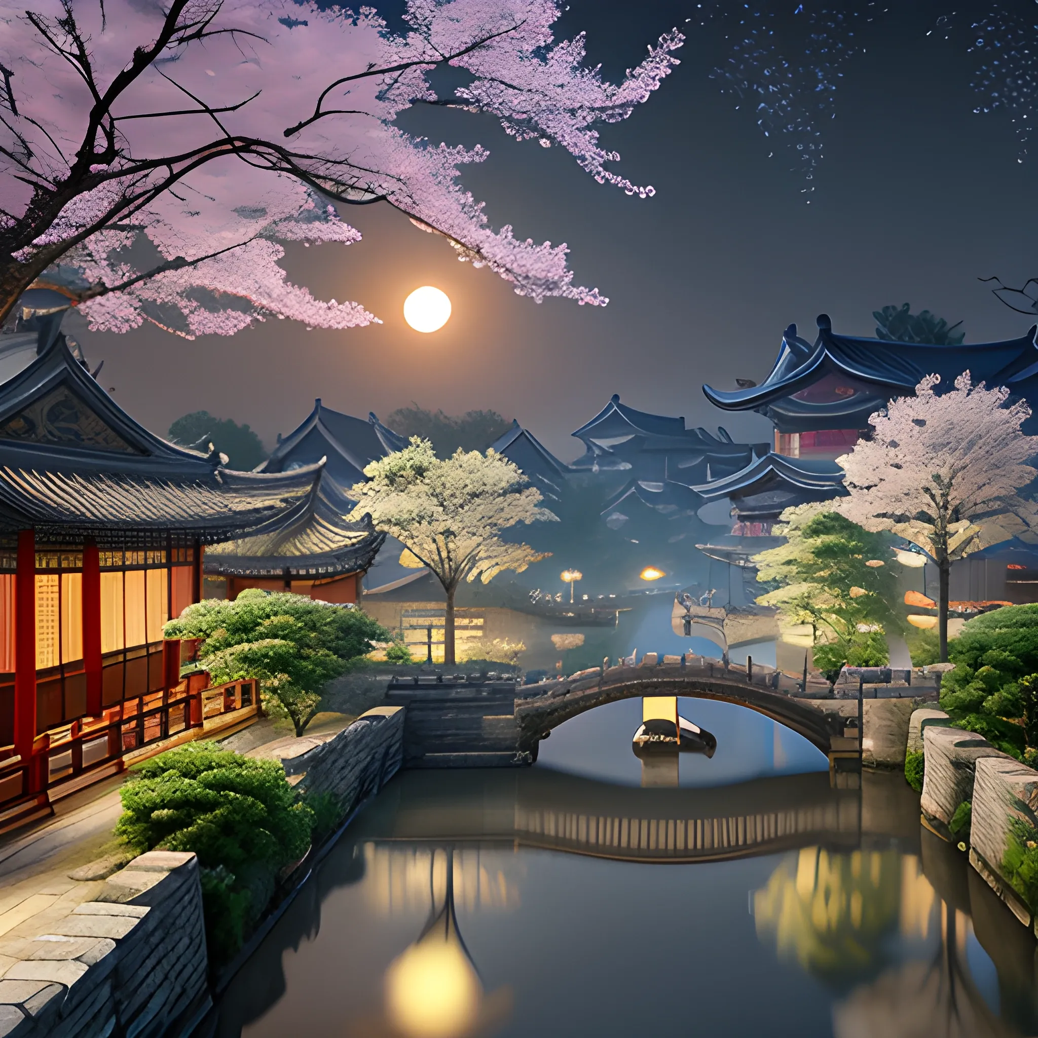 Ancient Chinese ultra-realistic CG rendering, with a creek, on the water town of Jiangnan, in the evening, Chinese architecture, maple trees with milky leaves, snow scenes, moon in the sky, HD --ar 9:16 