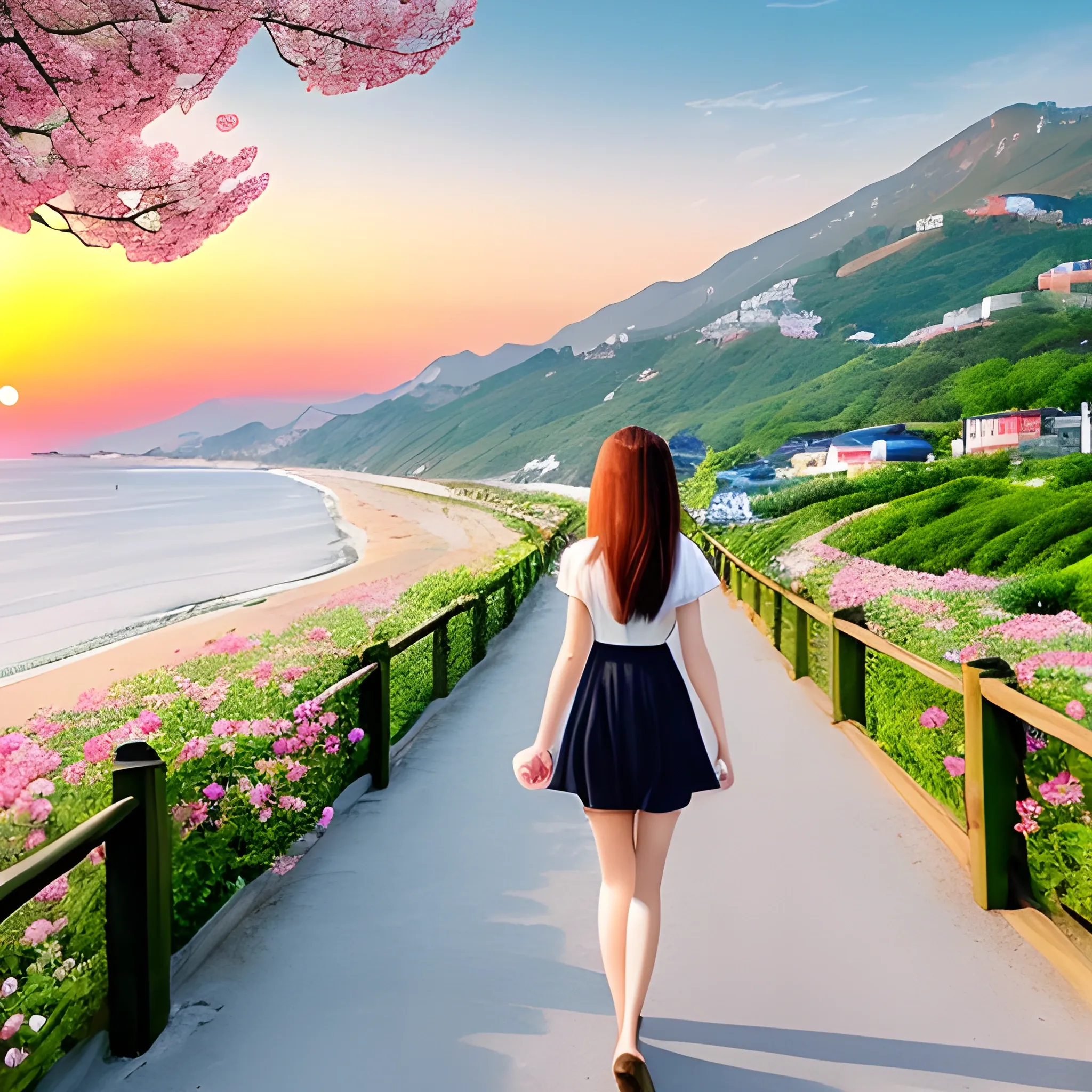 Have the opportunity to accompany me to the seaside, I want to see the scenery. Want to chase the wind in the mountains, see dusk and dawn. Beautiful roses bloom on the sunset road, and the summer of roses will never be absent.HD --ar 9:16