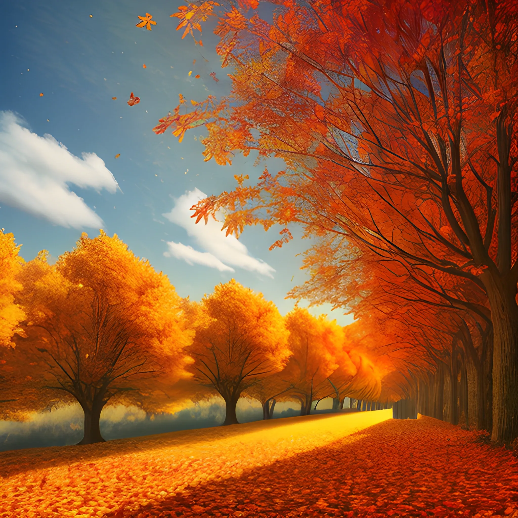 Super real autumn scenery, rows of trees