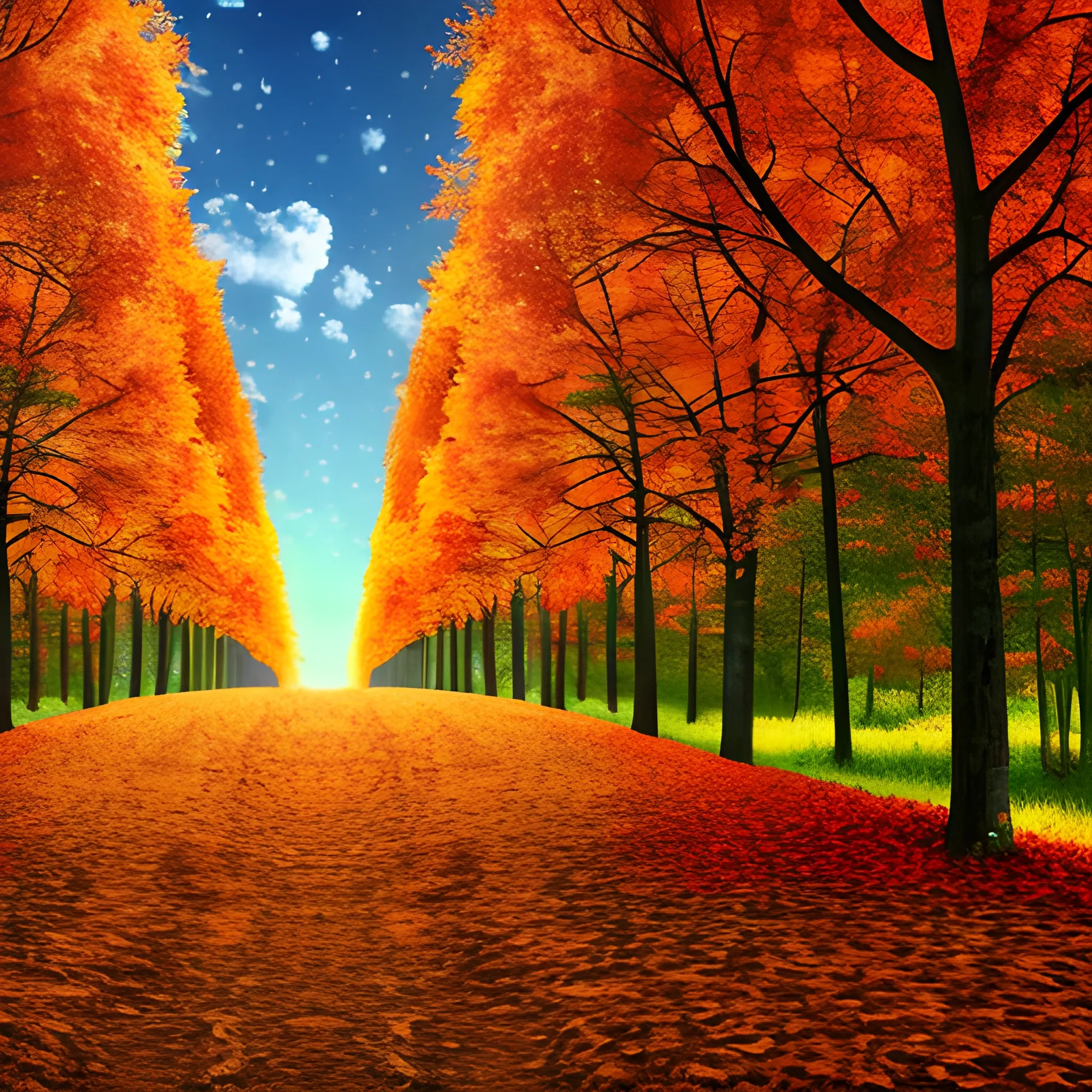 Super real autumn scenery, rows of trees，ultra high definition, high detail, Trippy