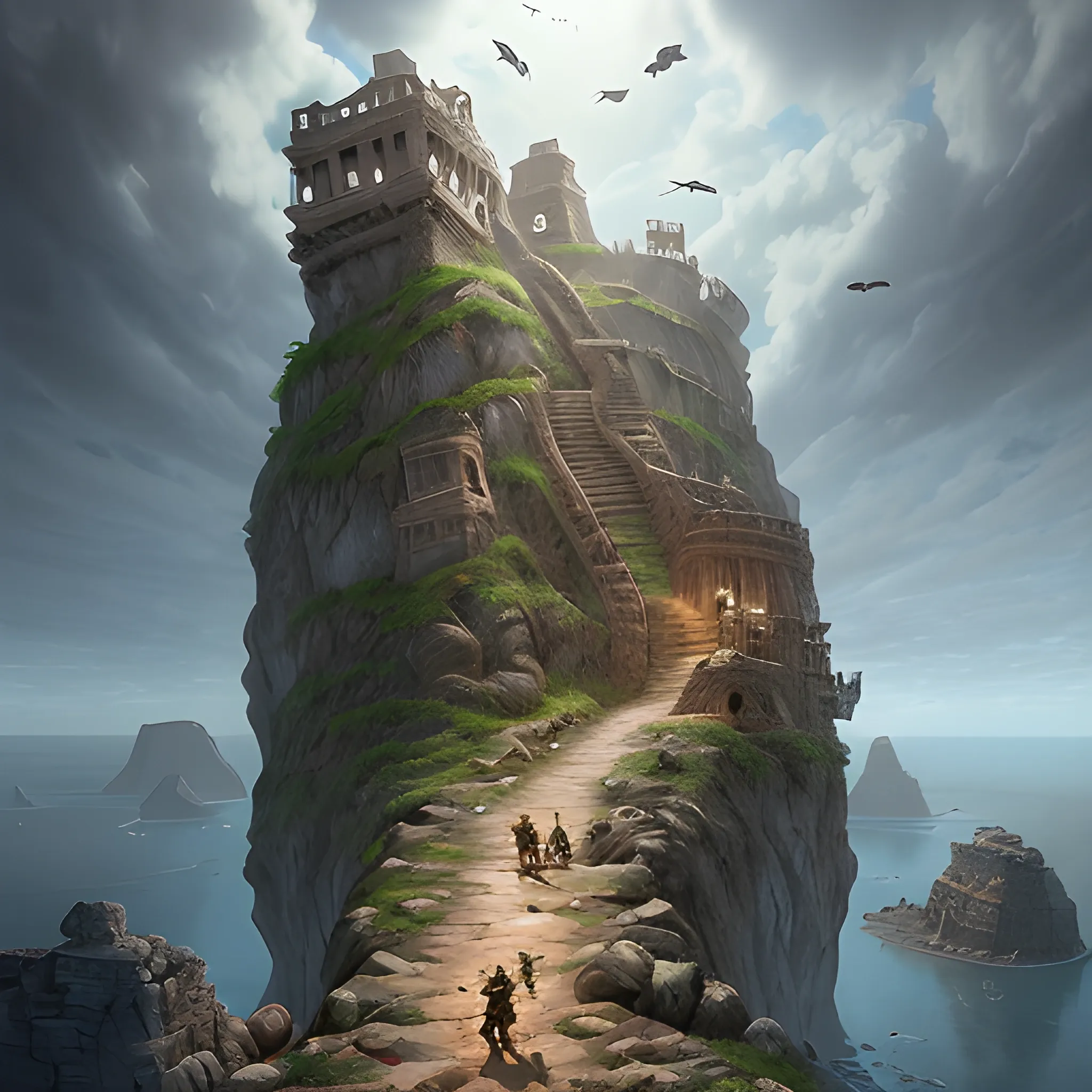 Create a stunning digital art piece that depicts a group of gritty, hardened pirates fighting for control of a mysterious island with a hidden treasure. The pirates should be depicted with rugged, weathered faces and gripping their swords tightly, ready to do battle. The island should be shrouded in mist and mystery, with ancient ruins and mysterious symbols etched into the rocks. The treasure should be hidden in a cave system, guarded by traps and dangerous creatures. The overall mood of the piece should be one of high-stakes adventure, danger, and the thrill of the hunt. 3D art.