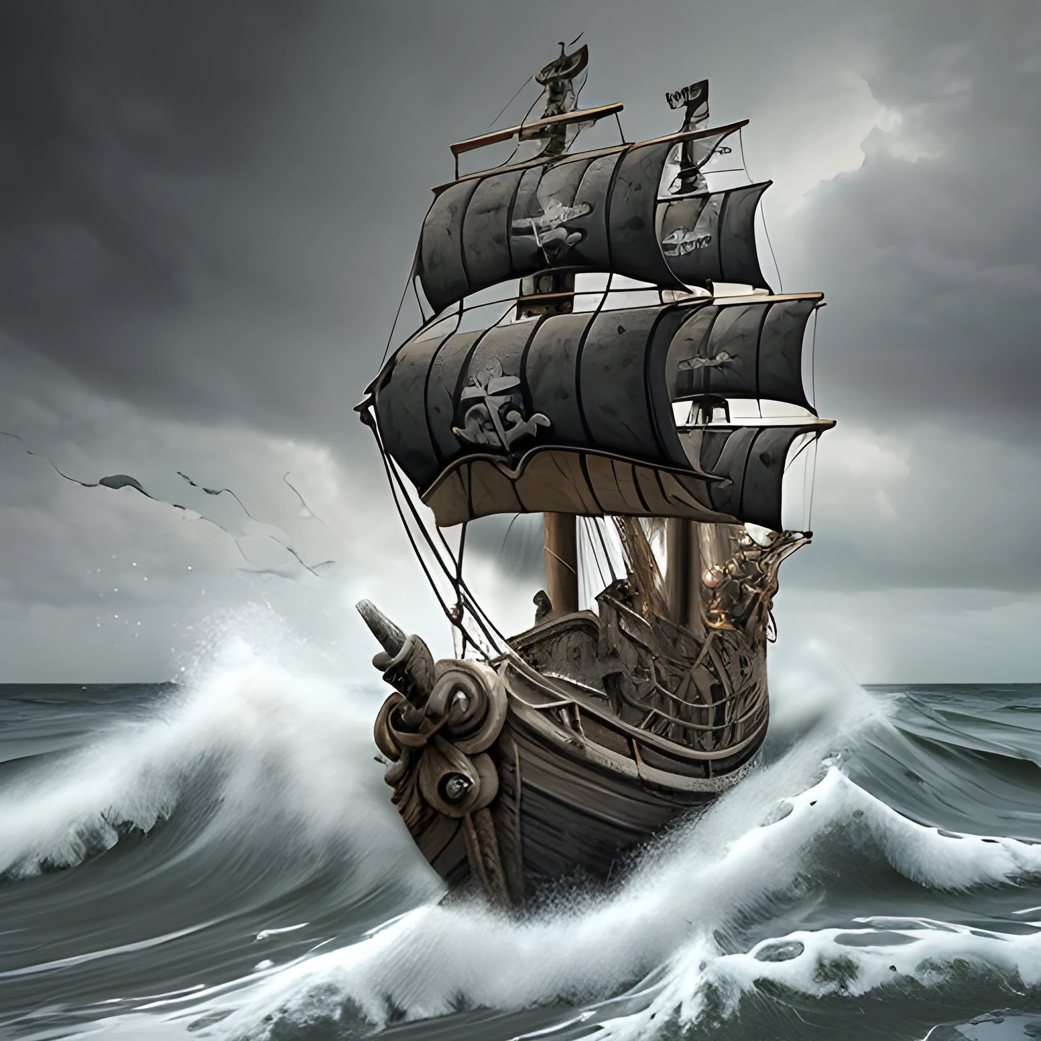 Create a stunning 3D digital artwork showing a rough and rugged pirate with a distinctive scarred face, a patch over his left eye. The pirate should look rough and weathered, with visible scars on his face and a menacing look. The scene should be set against a sandy deep-sea backdrop, with waves crashing against the shore and a stormy sky looming in the distance. The overall mood of the piece should be one of harshness, danger and the excitement of the high seas.
