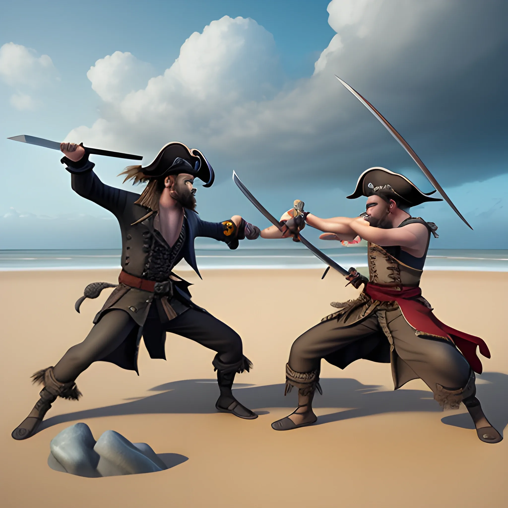 Create a stunning 3D digital artwork showing two pirates fighting with their swords. They have to be on a sandy beach and the sky has to be grey and gloomy.